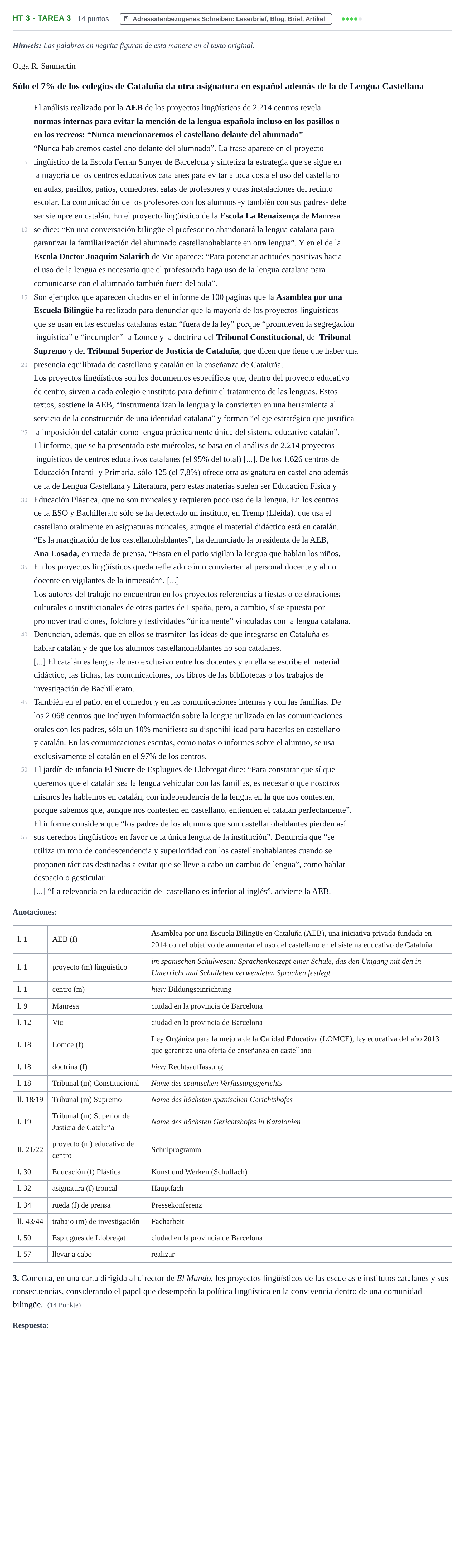 Aufgabenstellung: Aufgabe HT 3 - Tarea 3 · Abitur NRW Spanisch GK · Haupttermin · fortgeführt 2022