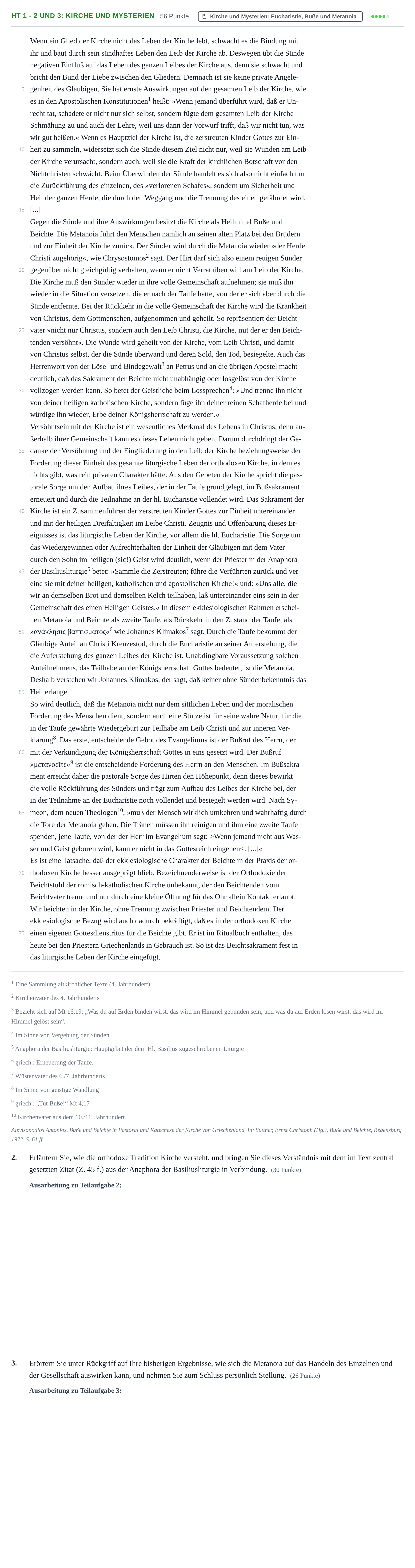Aufgabenstellung: Aufgabe HT 1 - 2 und 3: Kirche und Mysterien · Abitur NRW Orthodoxe Religionslehre GK · Haupttermin 2023