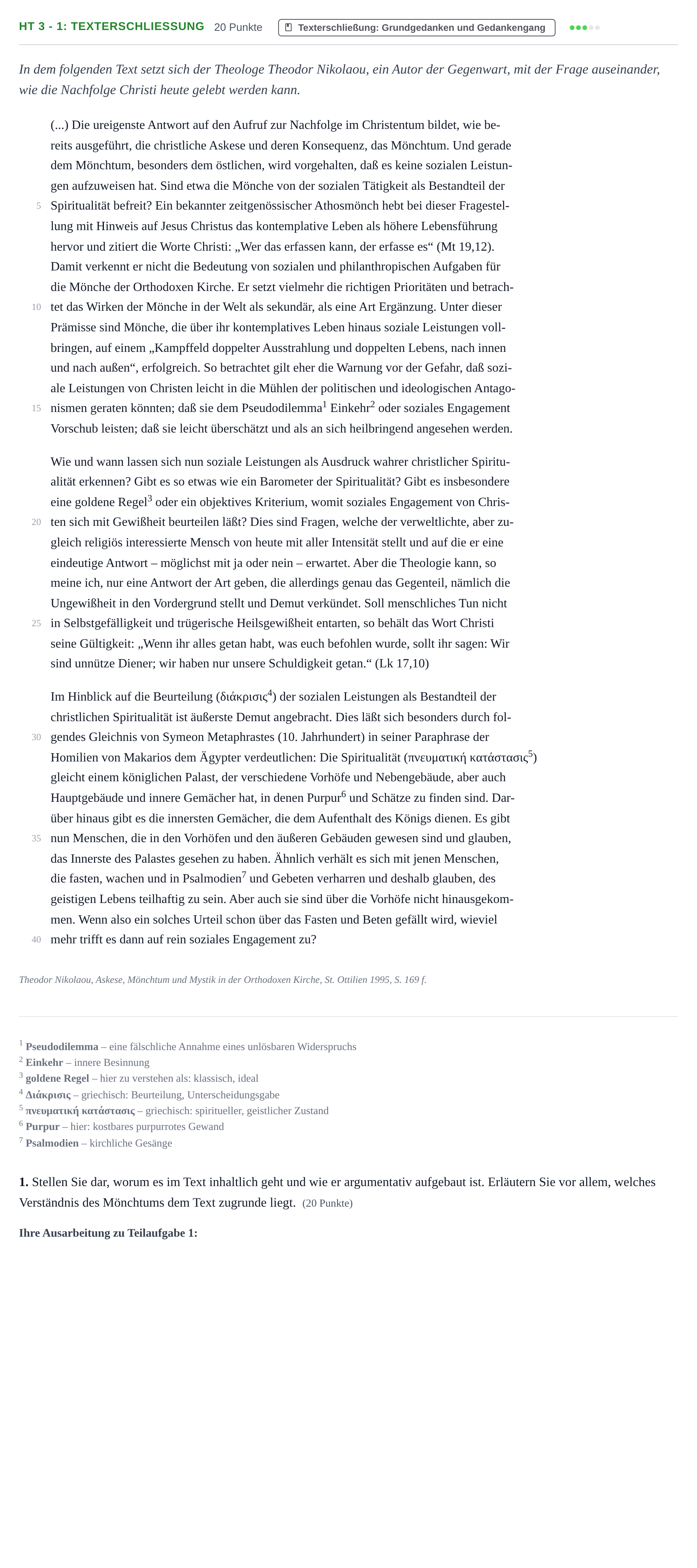 Aufgabenstellung: Aufgabe HT 3 - 1: Texterschließung · Abitur NRW Orthodoxe Religionslehre GK · Haupttermin 2023