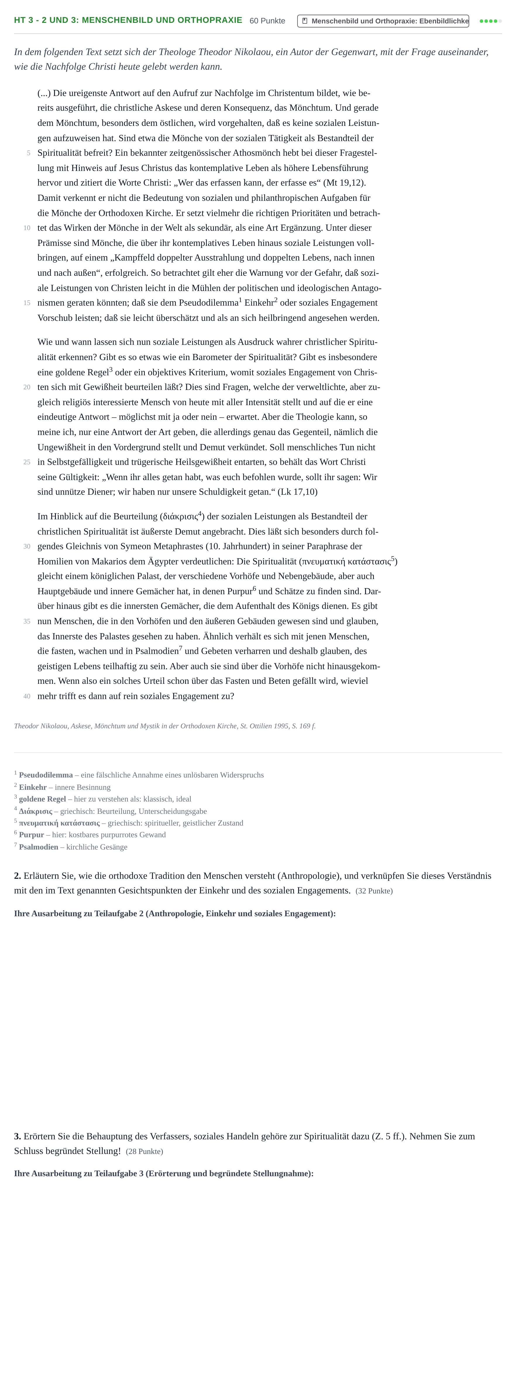 Aufgabenstellung: Aufgabe HT 3 - 2 und 3: Menschenbild und Orthopraxie · Abitur NRW Orthodoxe Religionslehre GK · Haupttermin 2023