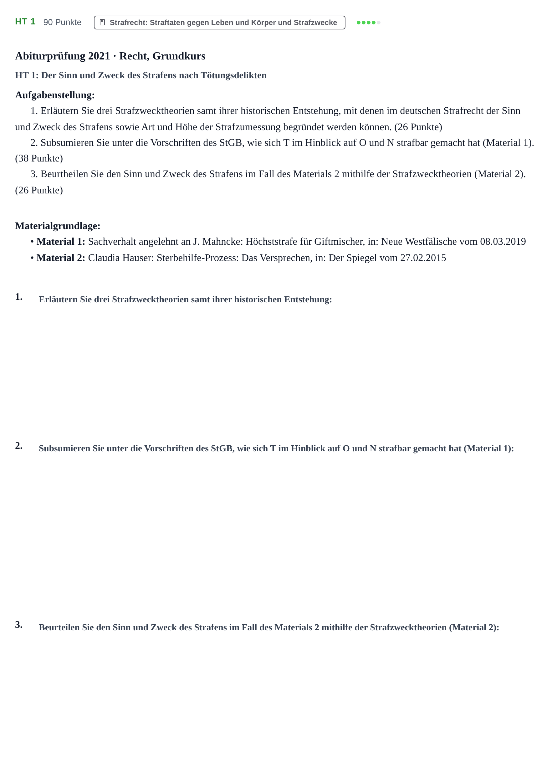 Aufgabenstellung: Aufgabe HT 1 · Abitur NRW Recht GK · Haupttermin 2021
