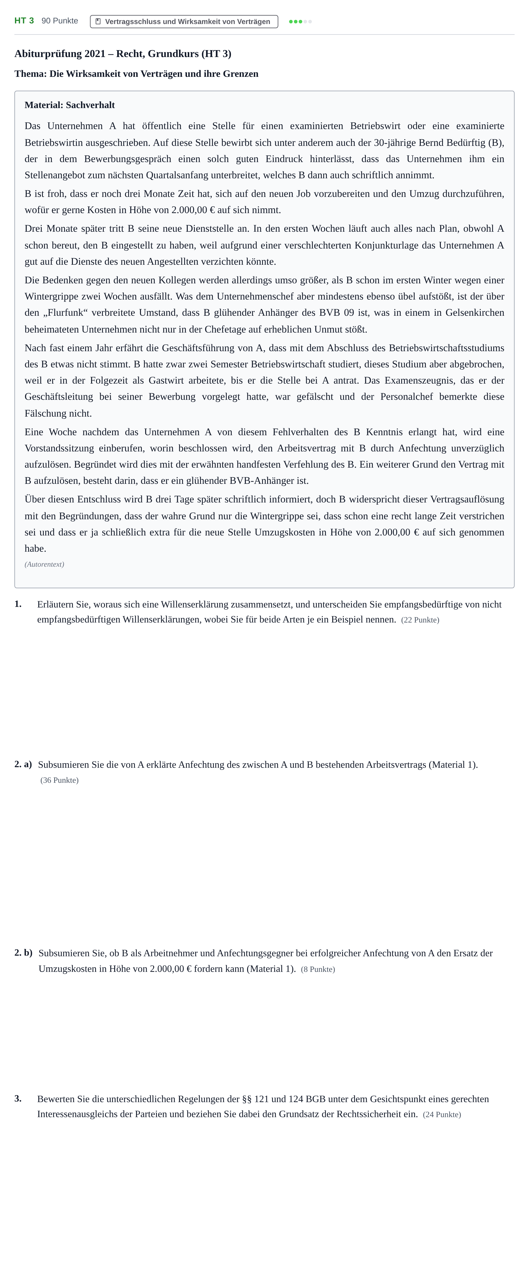Aufgabenstellung: Aufgabe HT 3 · Abitur NRW Recht GK · Haupttermin 2021