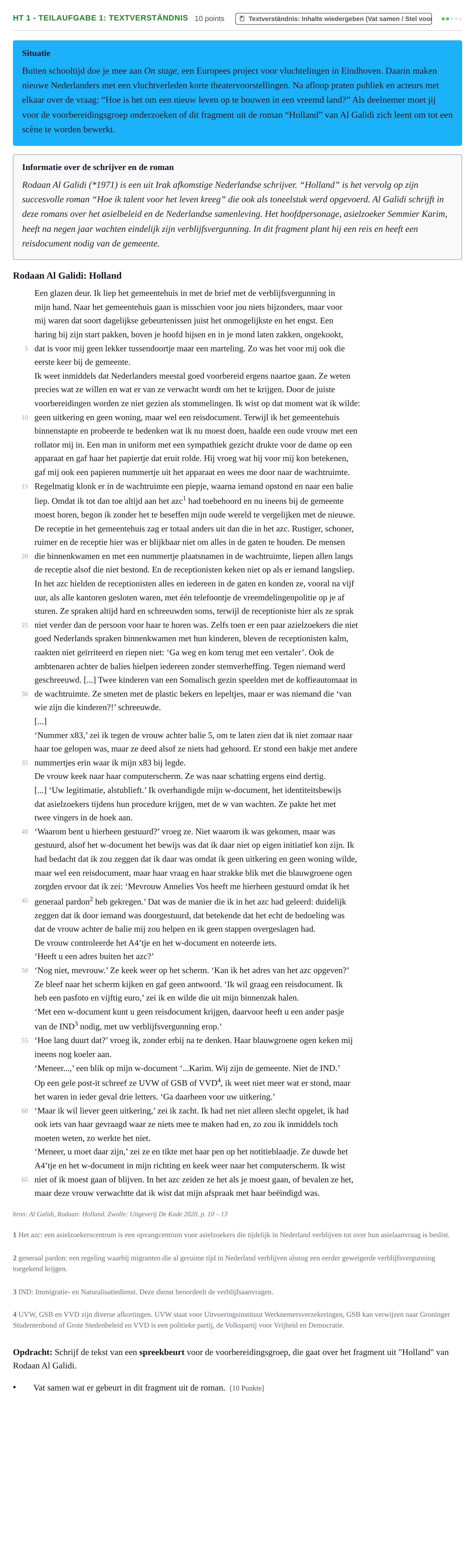 Aufgabenstellung: Aufgabe HT 1 - Teilaufgabe 1: Textverständnis · Abitur NRW Niederländisch LK · Haupttermin · fortgeführt 2022