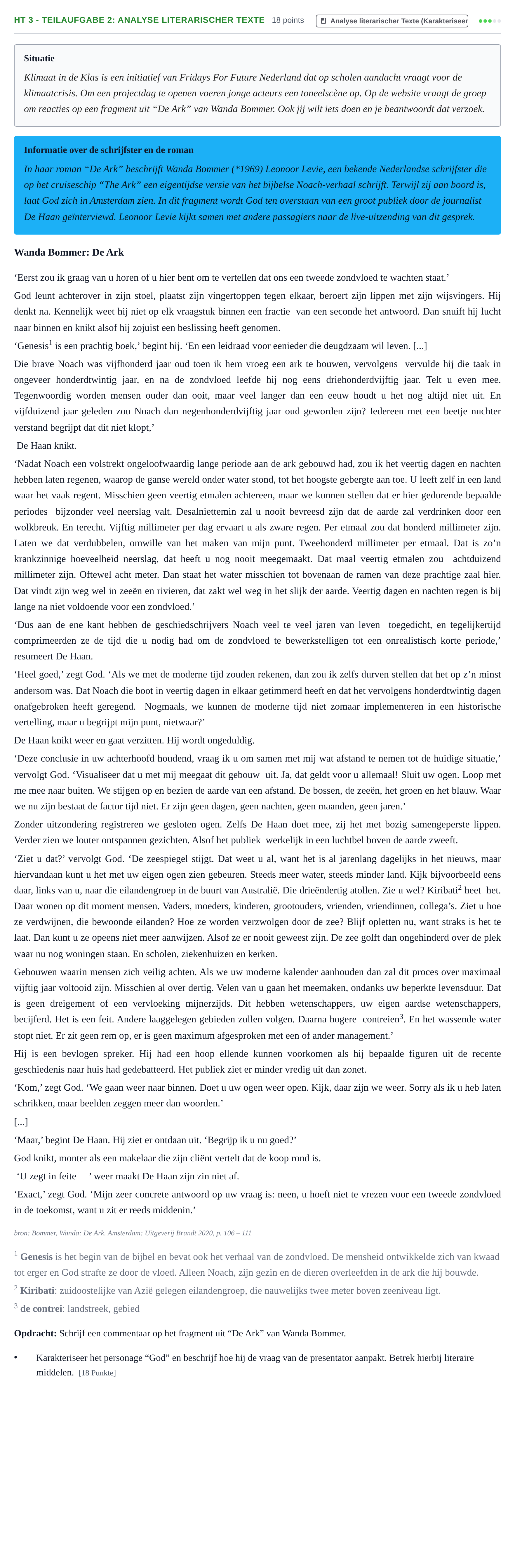 Aufgabenstellung: Aufgabe HT 3 - Teilaufgabe 2: Analyse literarischer Texte · Abitur NRW Niederländisch LK · Haupttermin · fortgeführt 2022
