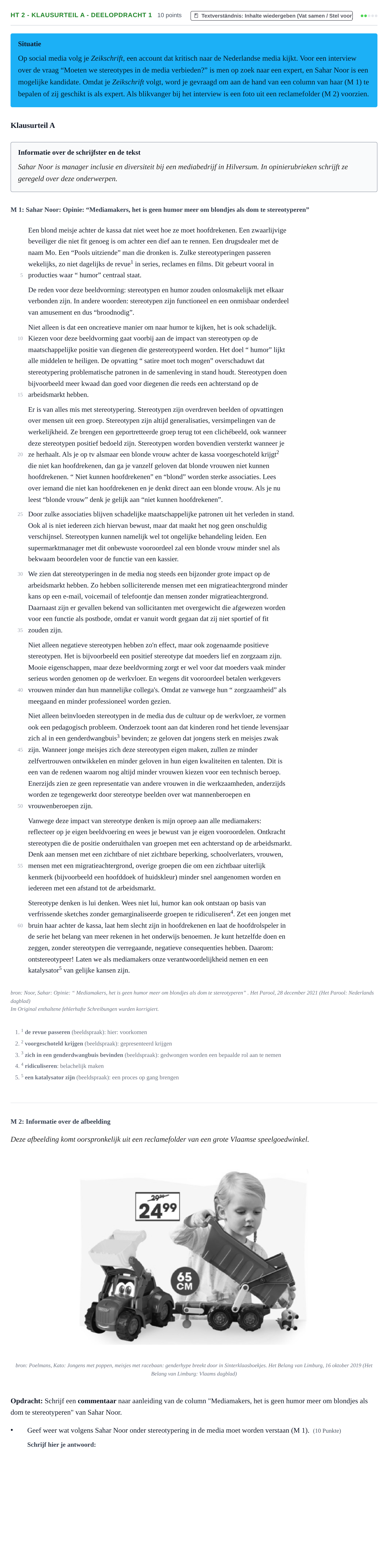 Aufgabenstellung: Aufgabe HT 2 - Klausurteil A - Deelopdracht 1 · Abitur NRW Niederländisch GK · Haupttermin · fortgeführt 2023