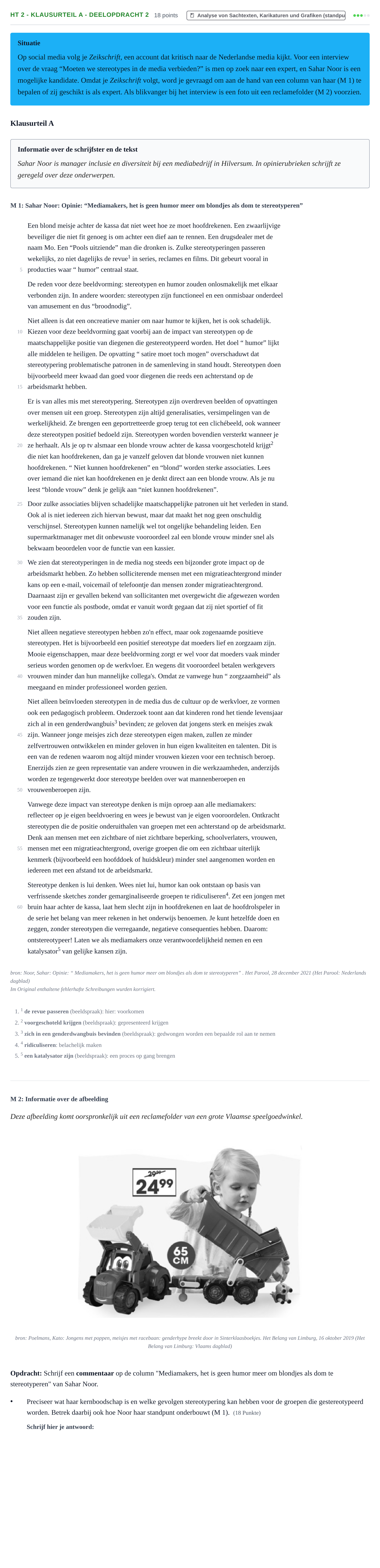 Aufgabenstellung: Aufgabe HT 2 - Klausurteil A - Deelopdracht 2 · Abitur NRW Niederländisch GK · Haupttermin · fortgeführt 2023