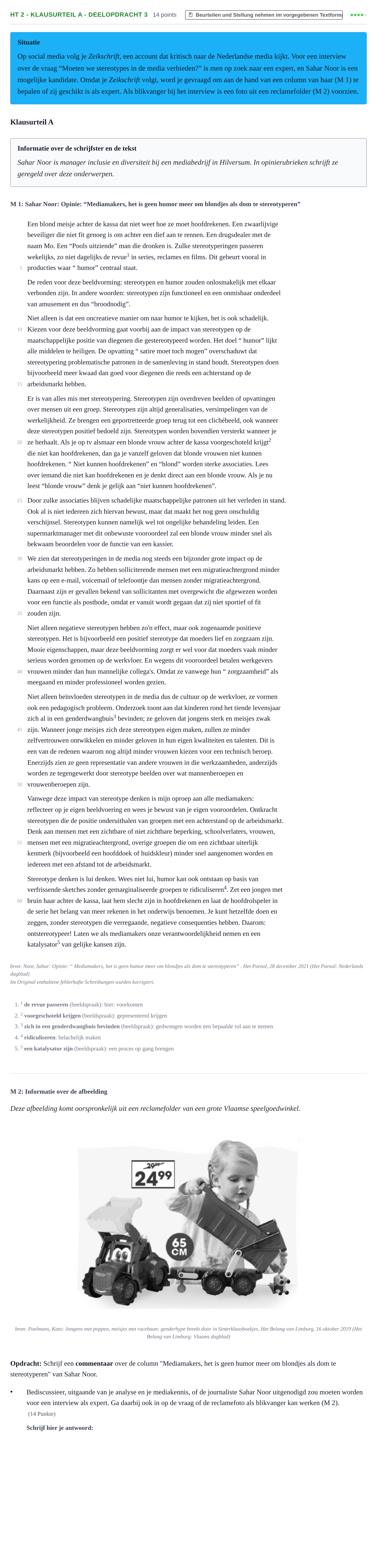 Aufgabenstellung: Aufgabe HT 2 - Klausurteil A - Deelopdracht 3 · Abitur NRW Niederländisch GK · Haupttermin · fortgeführt 2023