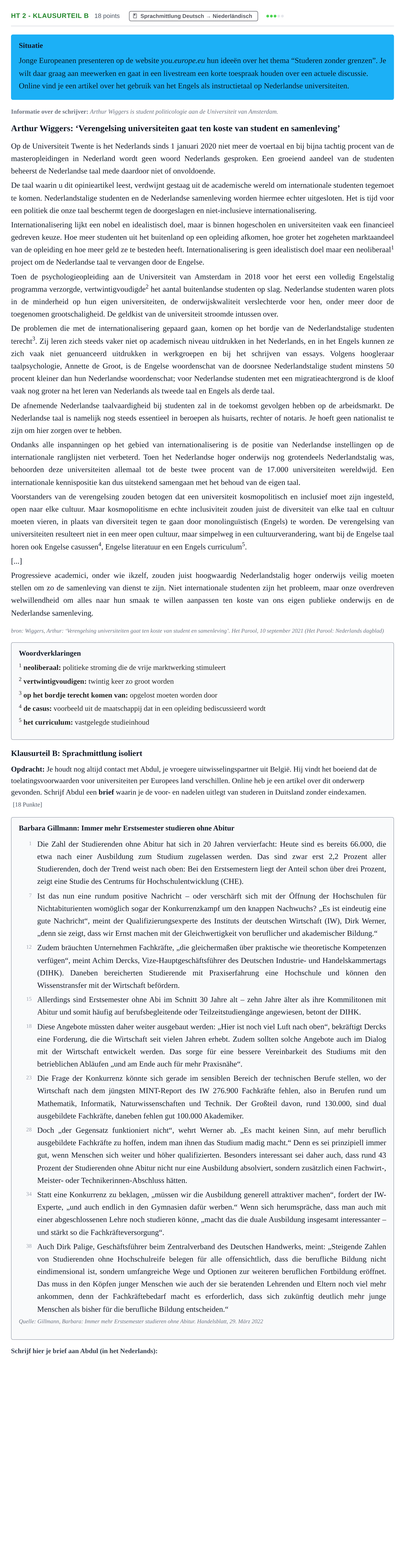Aufgabenstellung: Aufgabe HT 2 - Klausurteil B · Abitur NRW Niederländisch GK · Haupttermin · neu einsetzend 2023