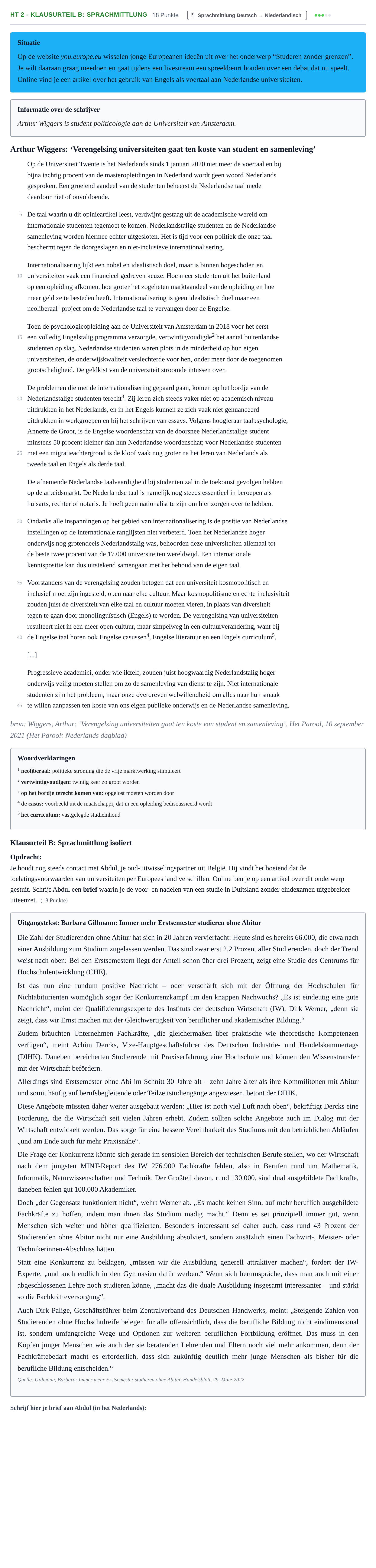 Aufgabenstellung: Aufgabe HT 2 - Klausurteil B: Sprachmittlung · Abitur NRW Niederländisch GK · Haupttermin · neu einsetzend · Weit 2023
