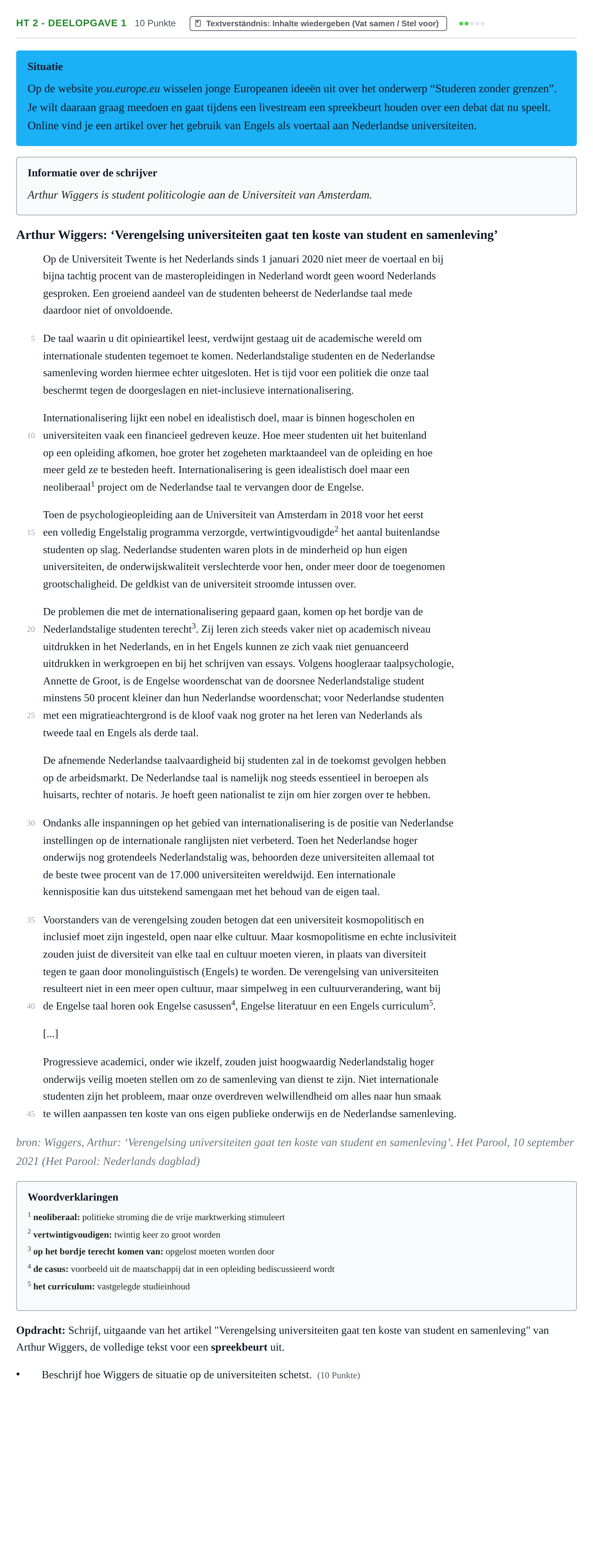 Aufgabenstellung: Aufgabe HT 2 - Deelopgave 1 · Abitur NRW Niederländisch GK · Haupttermin · neu einsetzend · Weit 2023