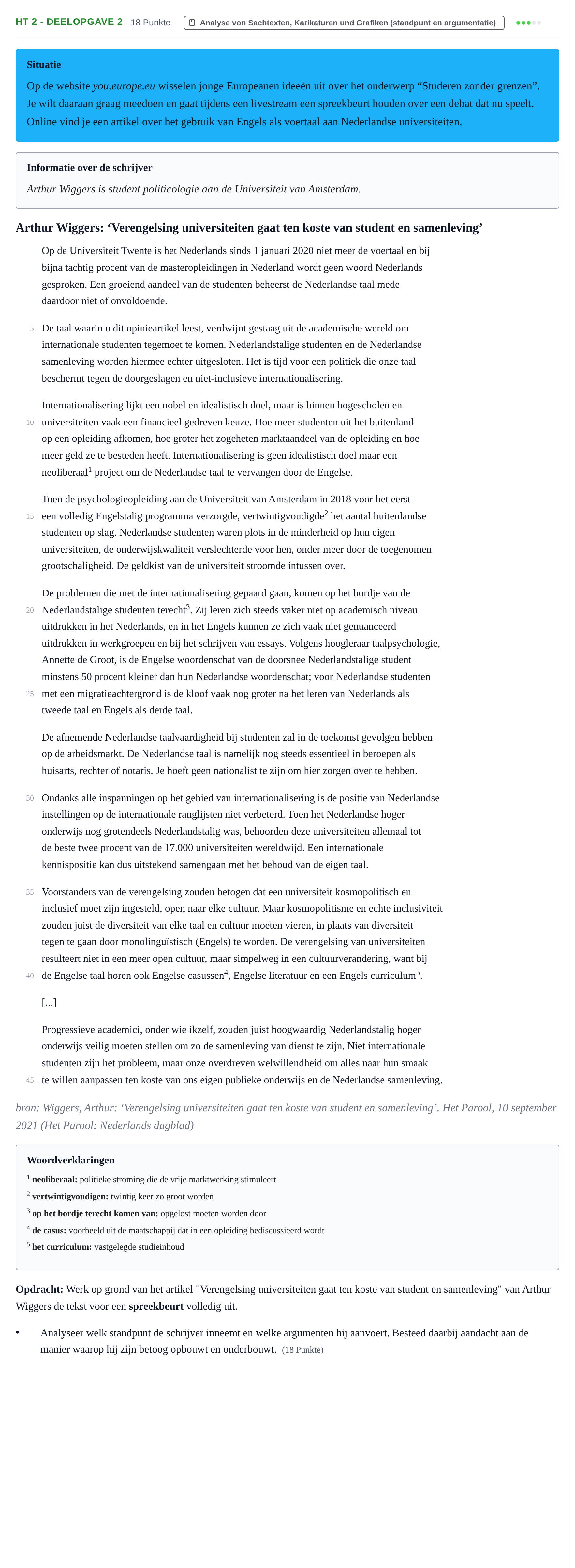 Aufgabenstellung: Aufgabe HT 2 - Deelopgave 2 · Abitur NRW Niederländisch GK · Haupttermin · neu einsetzend · Weit 2023