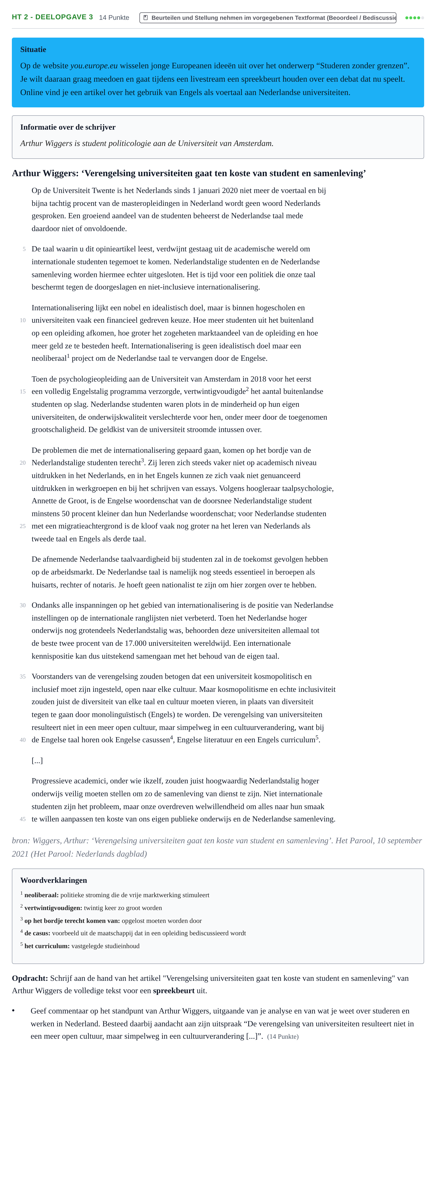 Aufgabenstellung: Aufgabe HT 2 - Deelopgave 3 · Abitur NRW Niederländisch GK · Haupttermin · neu einsetzend · Weit 2023