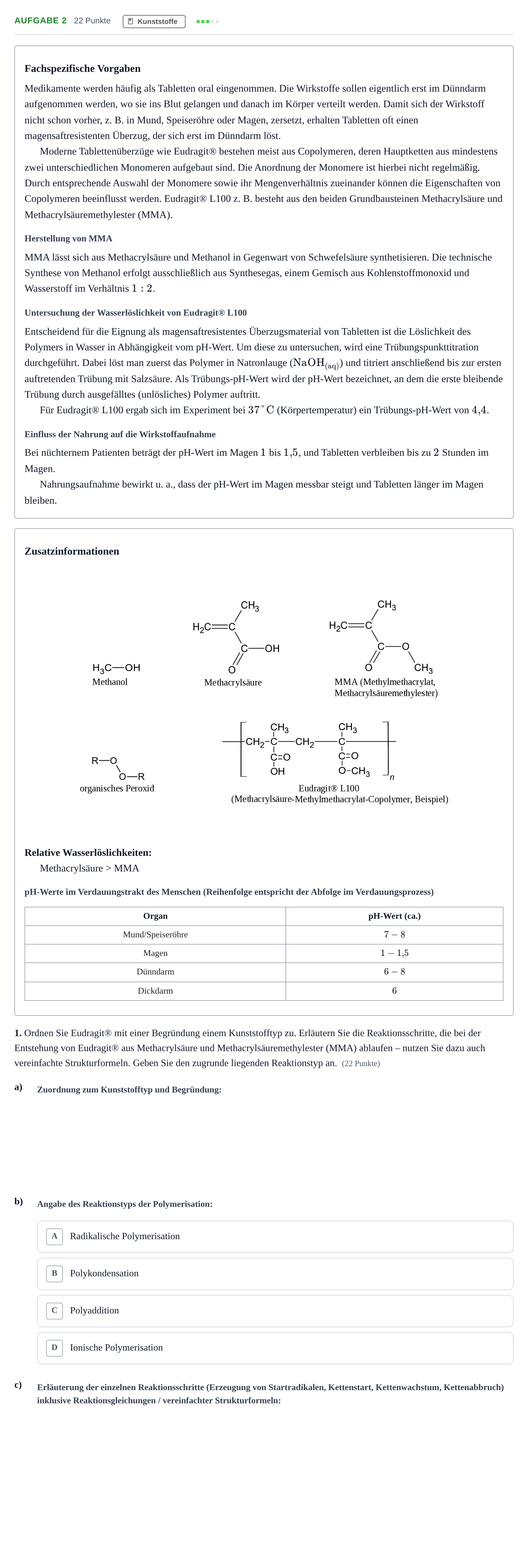 Aufgabenstellung: Aufgabe 2 - Kunststoffe · Abitur NRW Chemie GK · Nachtermin 2021