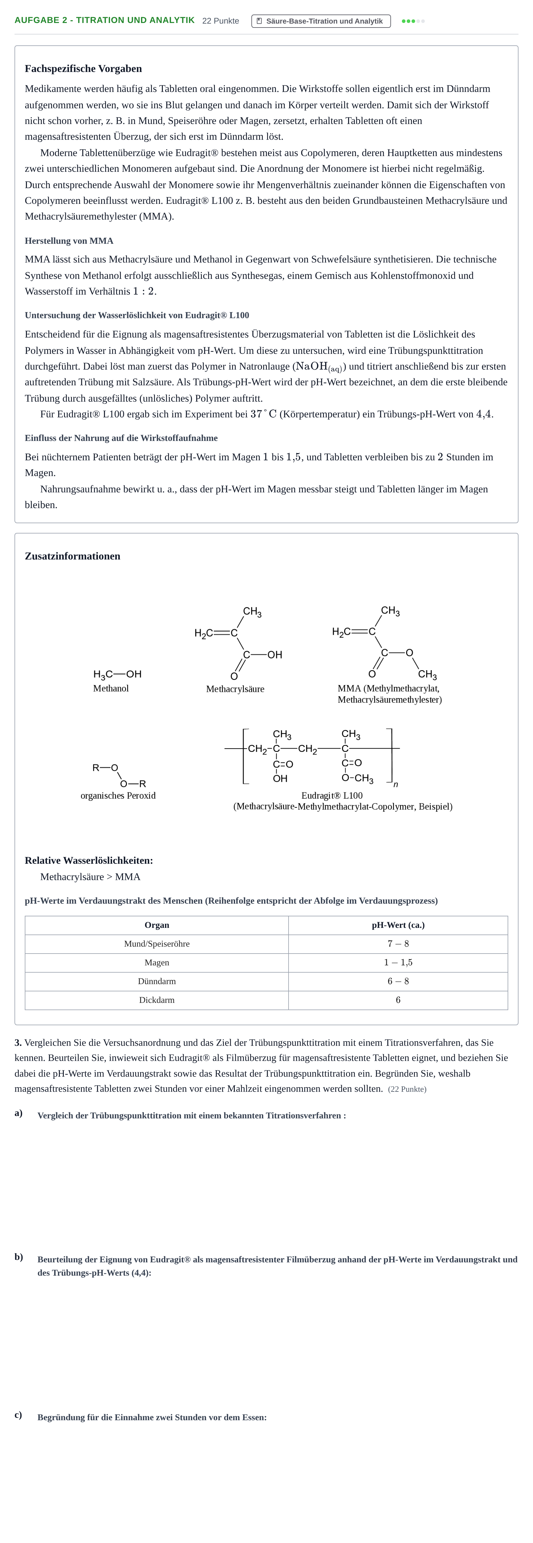 Aufgabenstellung: Aufgabe 2 - Titration und Analytik · Abitur NRW Chemie GK · Nachtermin 2021