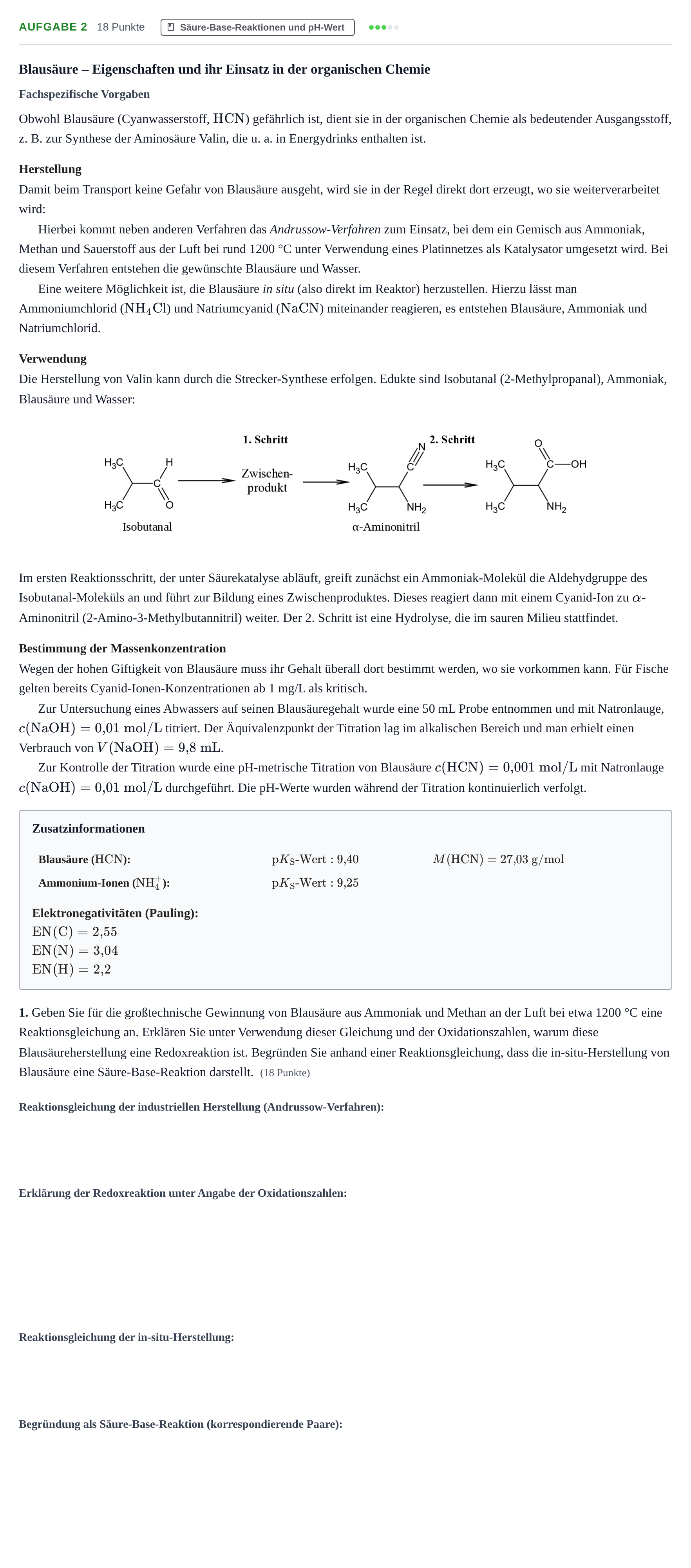 Aufgabenstellung: Aufgabe 2 - Säure-Base-Reaktionen · Abitur NRW Chemie LK · Haupttermin 2021