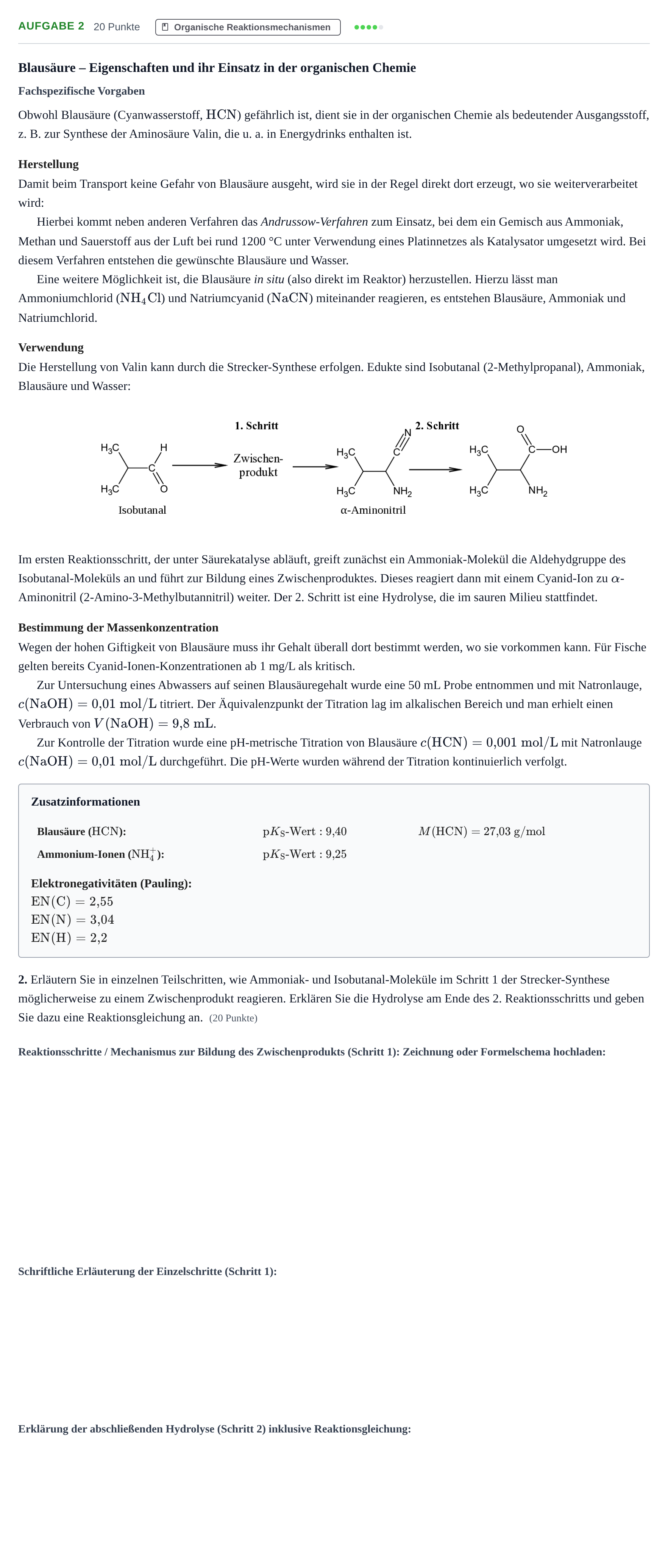 Aufgabenstellung: Aufgabe 2 - Organische Reaktionsmechanismen · Abitur NRW Chemie LK · Haupttermin 2021