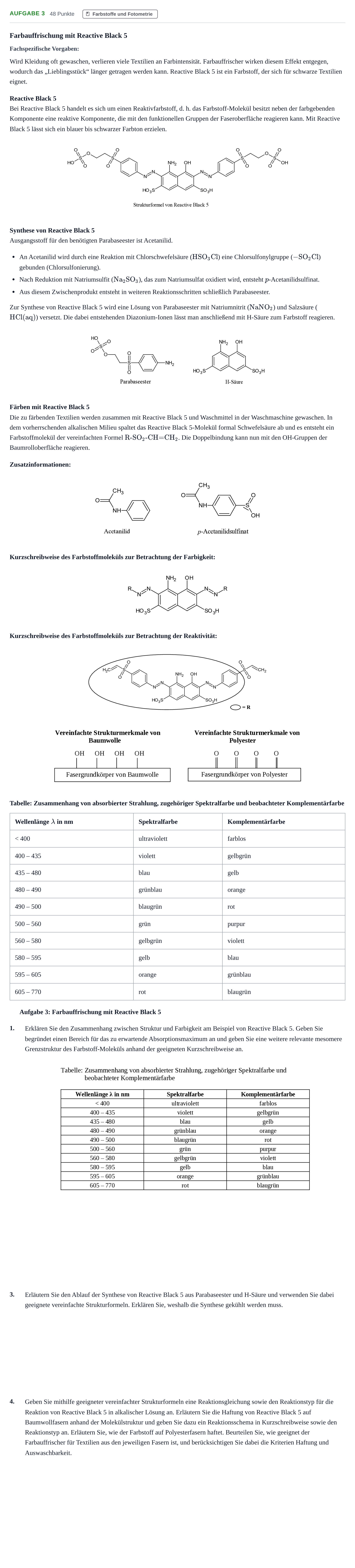 Aufgabenstellung: Aufgabe 3 - Farbstoffe und Fotometrie · Abitur NRW Chemie LK · Haupttermin 2021