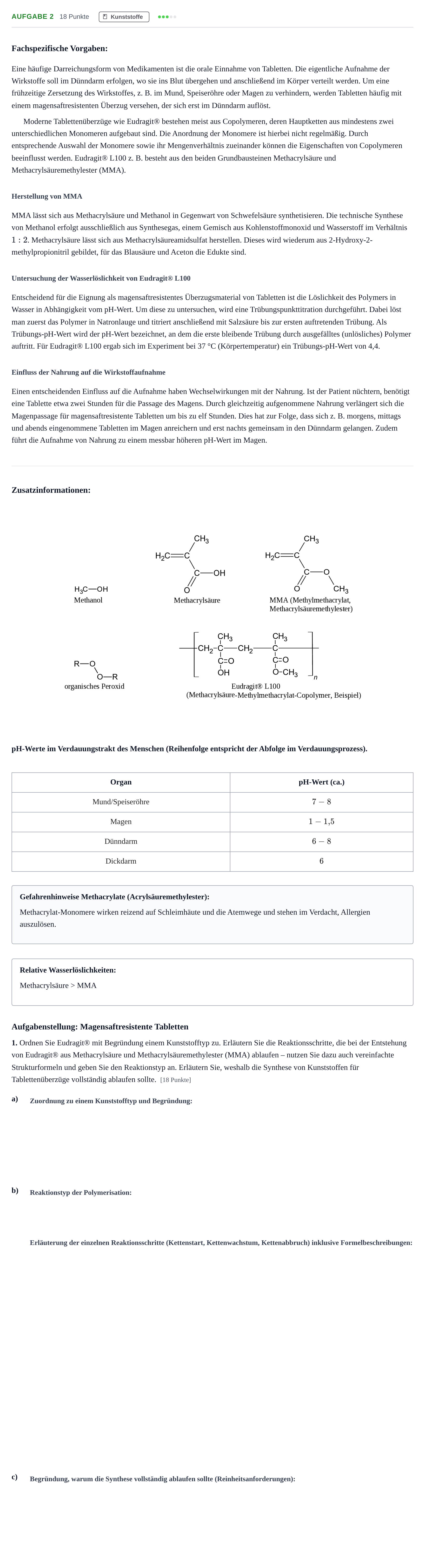 Aufgabenstellung: Aufgabe 2 - Kunststoffe · Abitur NRW Chemie LK · Nachtermin 2021