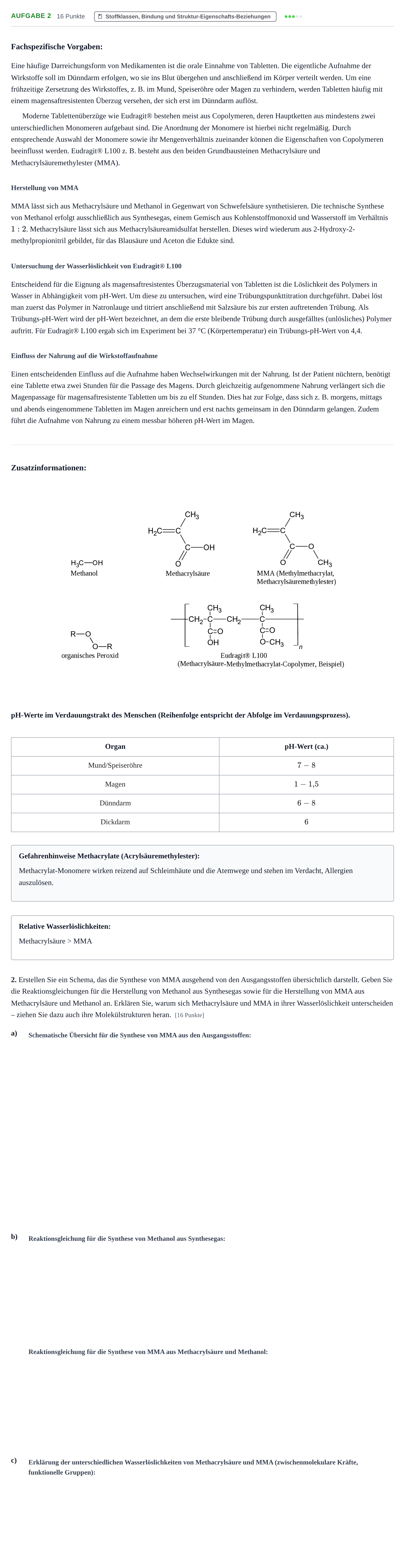 Aufgabenstellung: Aufgabe 2 - Stoffklassen, Bindung und Struktur-Ei… · Abitur NRW Chemie LK · Nachtermin 2021