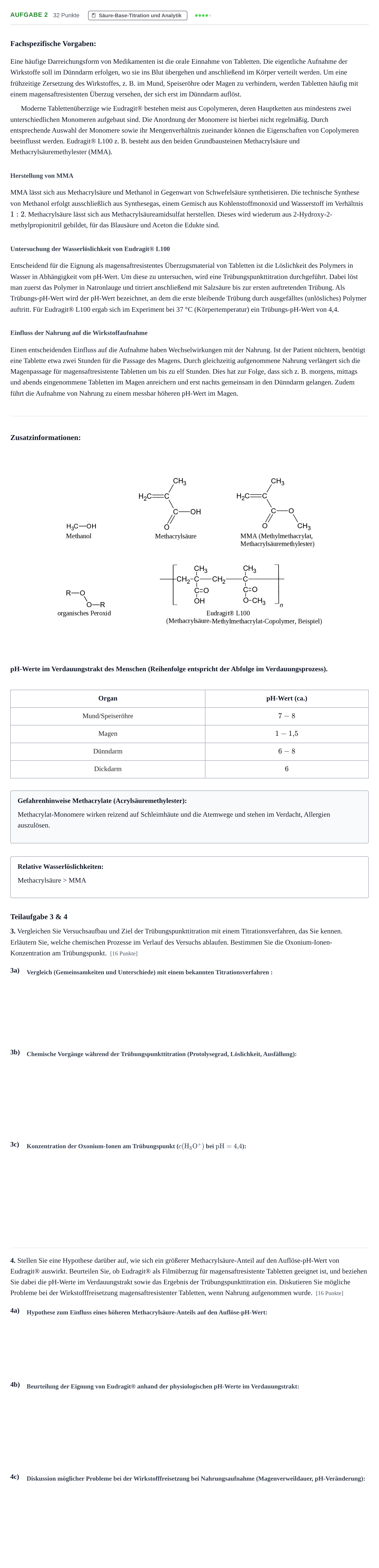 Aufgabenstellung: Aufgabe 2 - Säure-Base-Titration und Analytik · Abitur NRW Chemie LK · Nachtermin 2021