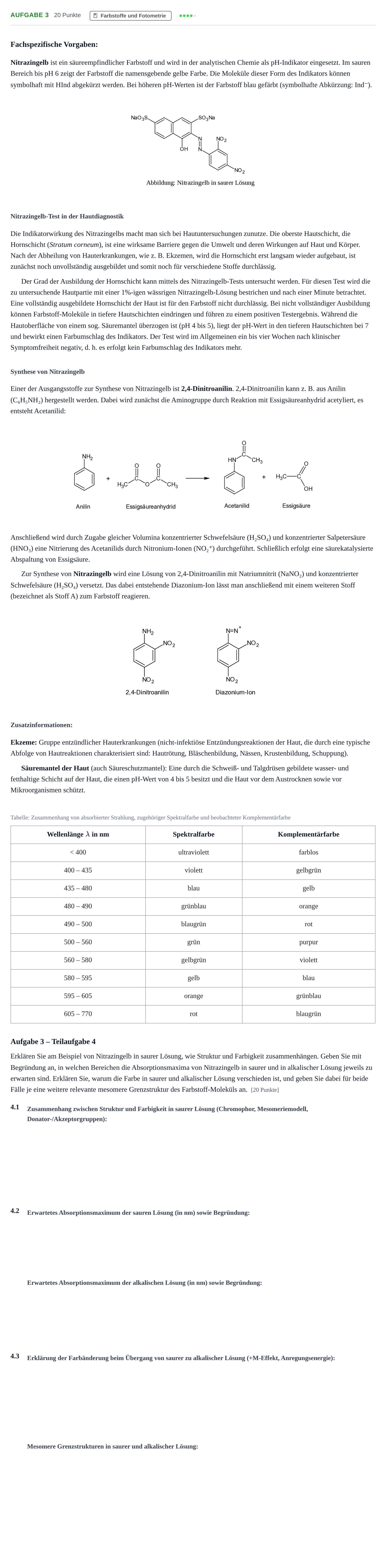 Aufgabenstellung: Aufgabe 3 - Farbstoffe und Fotometrie · Abitur NRW Chemie LK · Nachtermin 2021