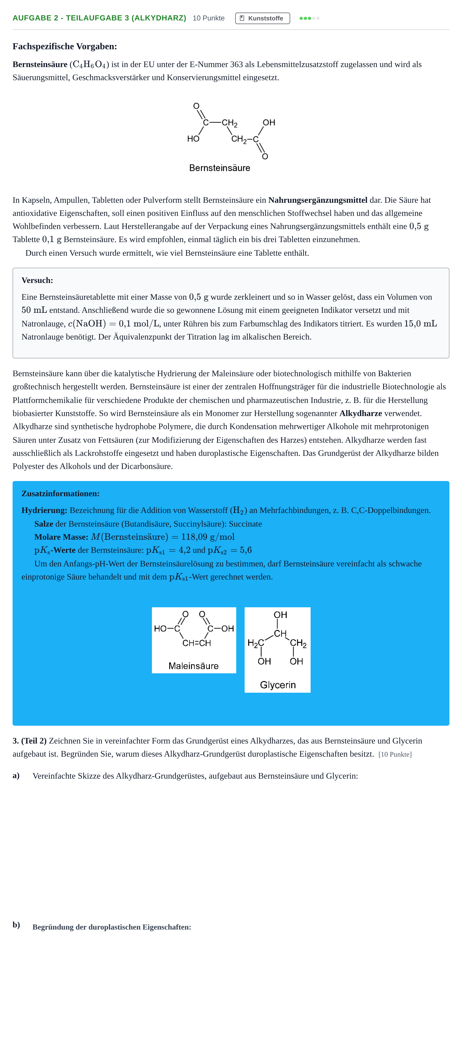 Aufgabenstellung: Aufgabe 2 - Teilaufgabe 3 (Alkydharz) · Abitur NRW Chemie GK · Nachtermin 2022