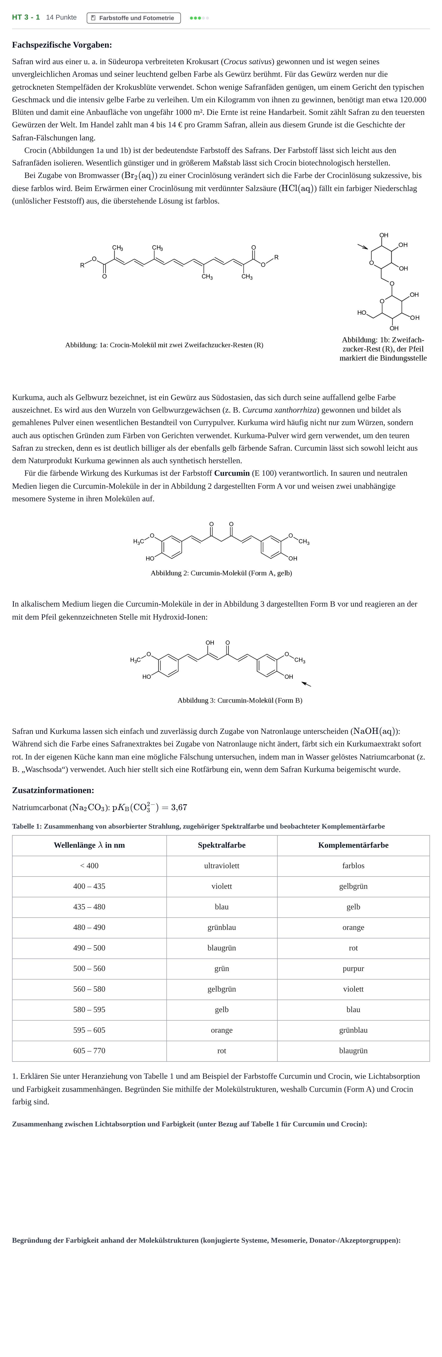 Aufgabenstellung: Aufgabe HT 3 - 1 · Abitur NRW Chemie LK · Haupttermin 2022