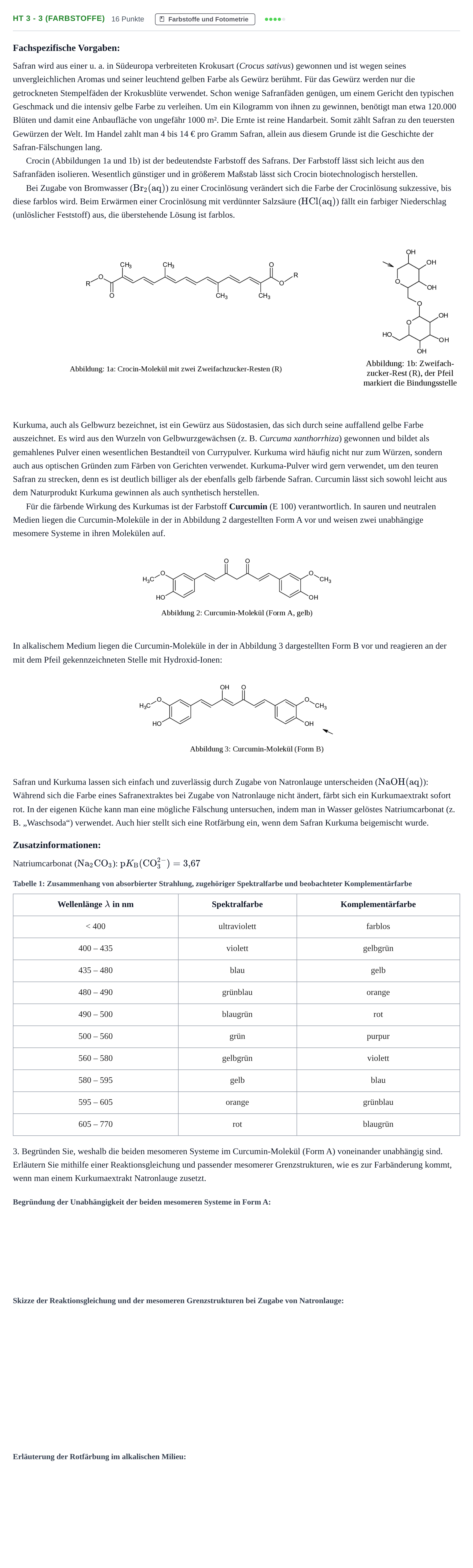 Aufgabenstellung: Aufgabe HT 3 - 3 (Farbstoffe) · Abitur NRW Chemie LK · Haupttermin 2022