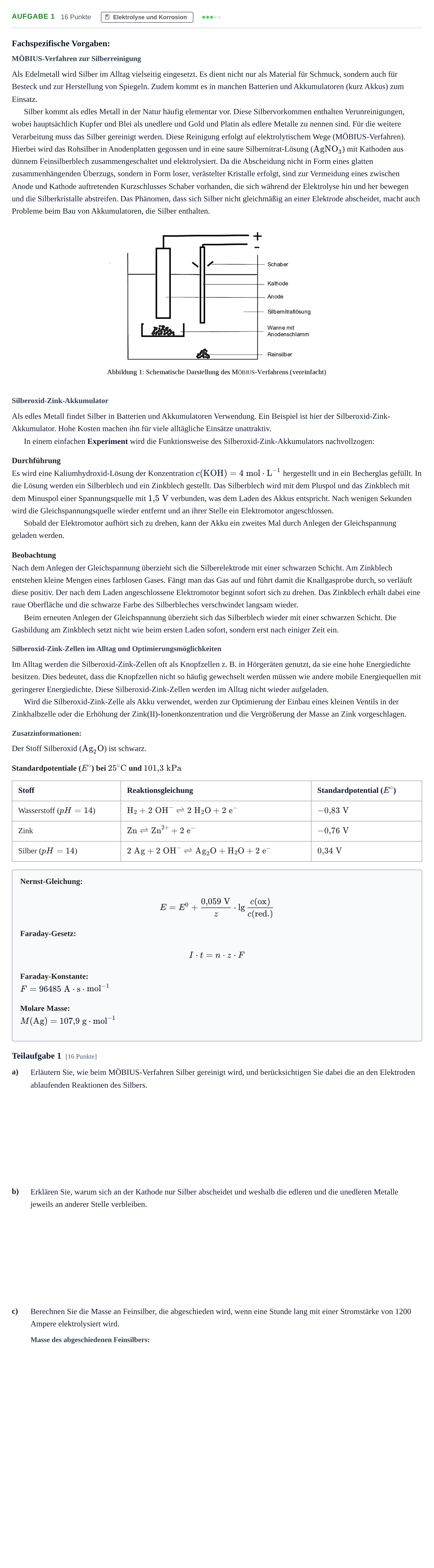 Aufgabenstellung: Aufgabe 1 - Elektrolyse und Korrosion · Abitur NRW Chemie LK · Nachtermin 2022