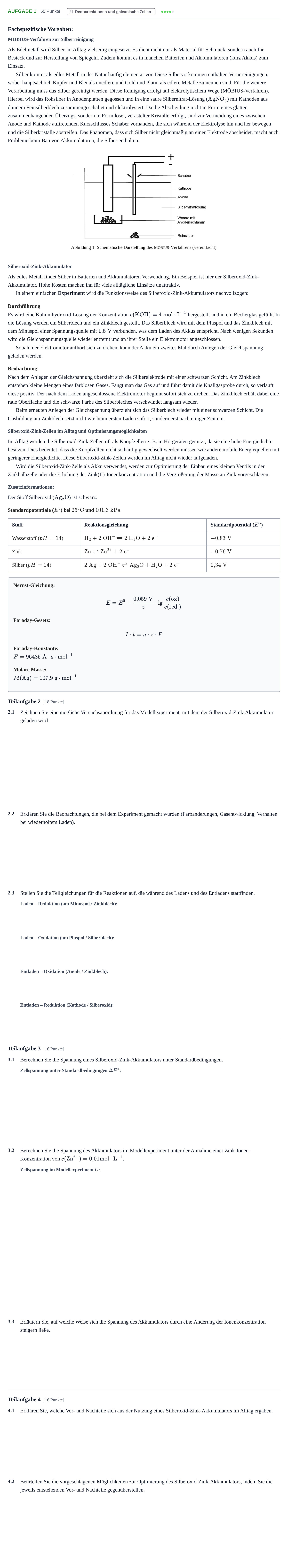 Aufgabenstellung: Aufgabe 1 - Redoxreaktionen und galvanische Zellen · Abitur NRW Chemie LK · Nachtermin 2022