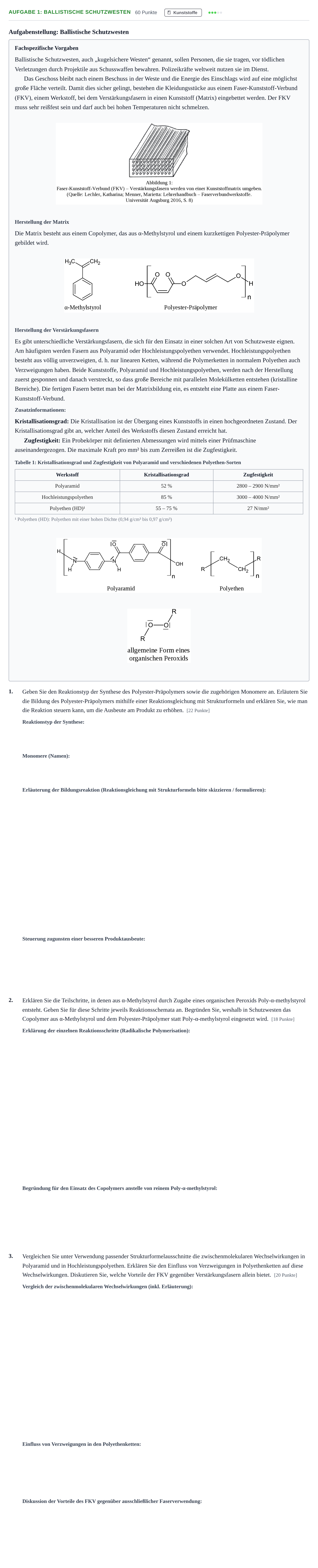 Aufgabenstellung: Aufgabe 1: Ballistische Schutzwesten · Abitur NRW Chemie GK · Haupttermin · Weiterbildungskolleg 2023