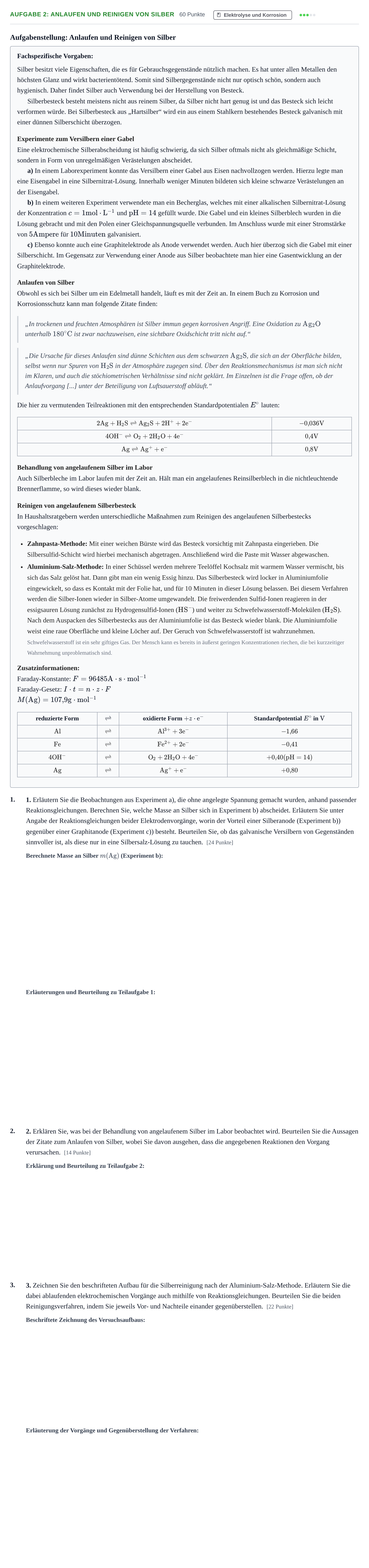 Aufgabenstellung: Aufgabe 2: Anlaufen und Reinigen von Silber · Abitur NRW Chemie GK · Haupttermin · Weiterbildungskolleg 2023