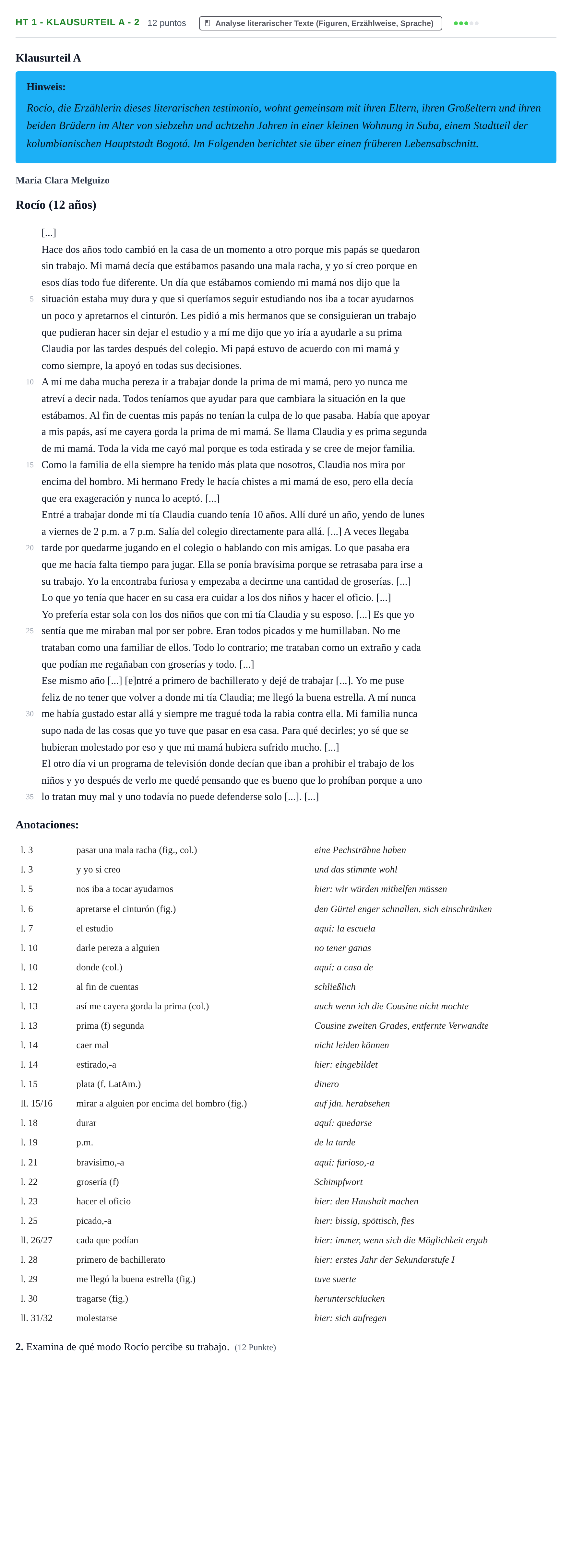 Aufgabenstellung: Aufgabe HT 1 - Klausurteil A - 2 · Abitur NRW Spanisch GK · Haupttermin · neu einsetzend 2022