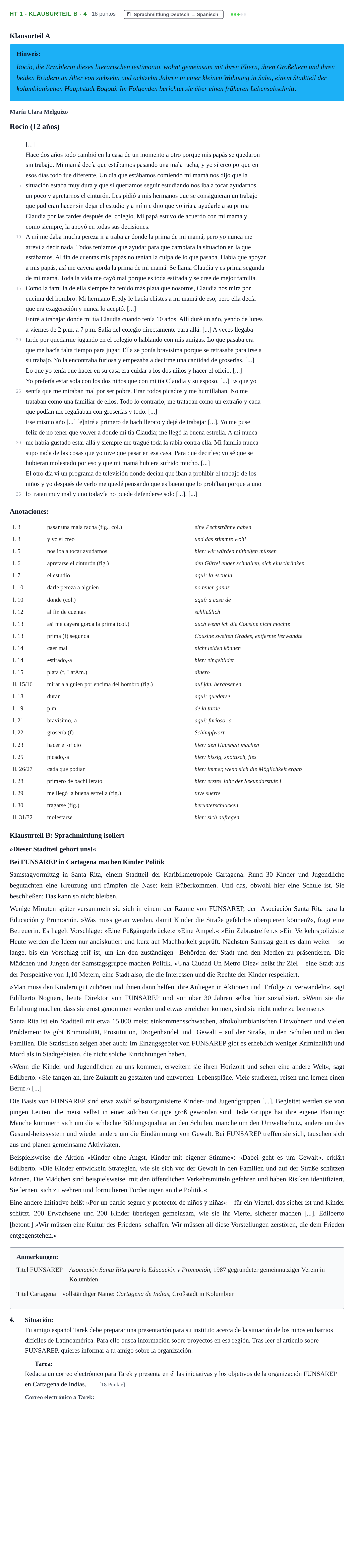 Aufgabenstellung: Aufgabe HT 1 - Klausurteil B - 4 · Abitur NRW Spanisch GK · Haupttermin · neu einsetzend 2022