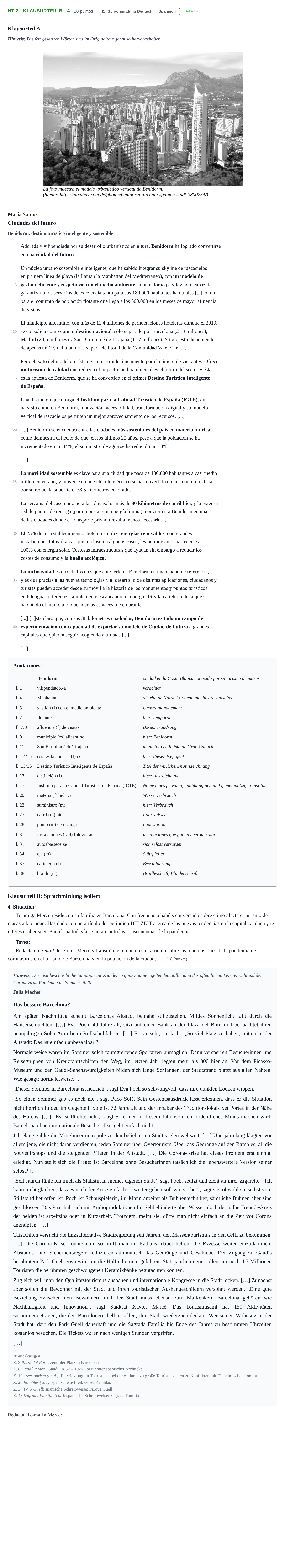 Aufgabenstellung: Aufgabe HT 2 - Klausurteil B - 4 · Abitur NRW Spanisch GK · Haupttermin · neu einsetzend 2022