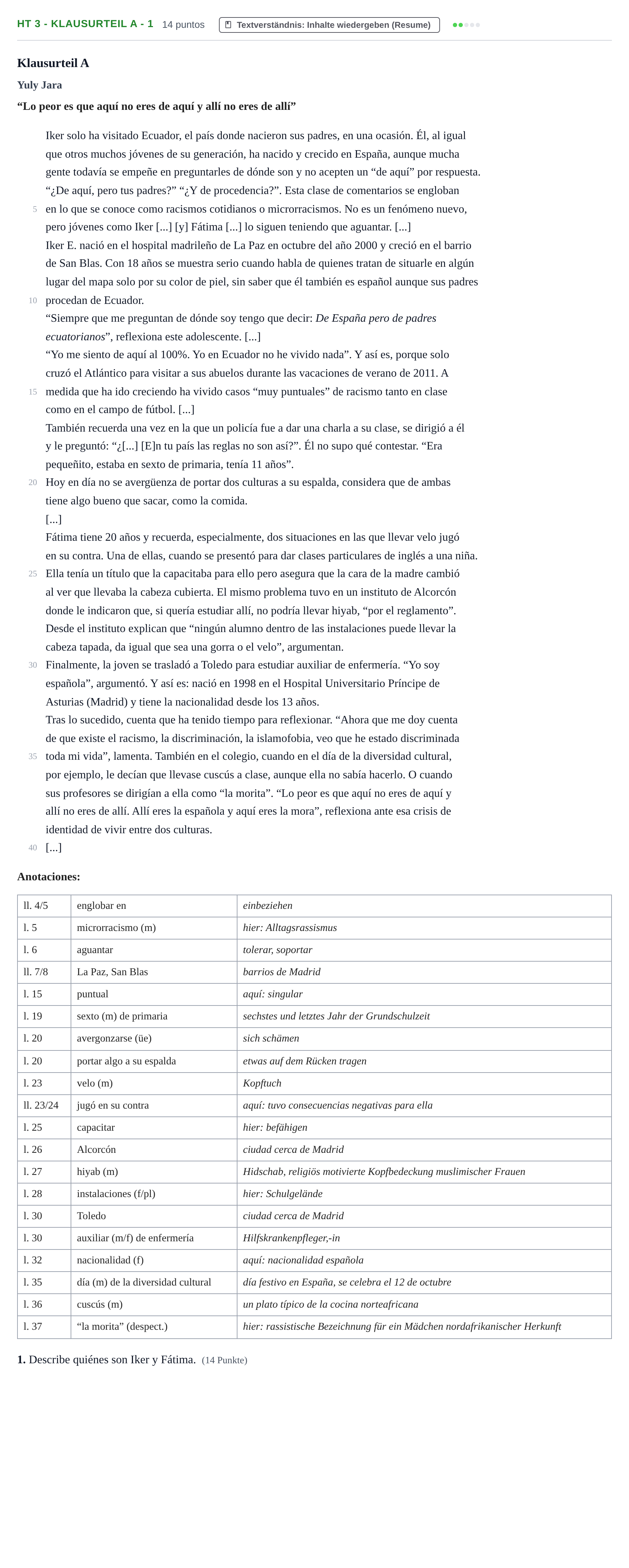 Aufgabenstellung: Aufgabe HT 3 - Klausurteil A - 1 · Abitur NRW Spanisch GK · Haupttermin · neu einsetzend 2022