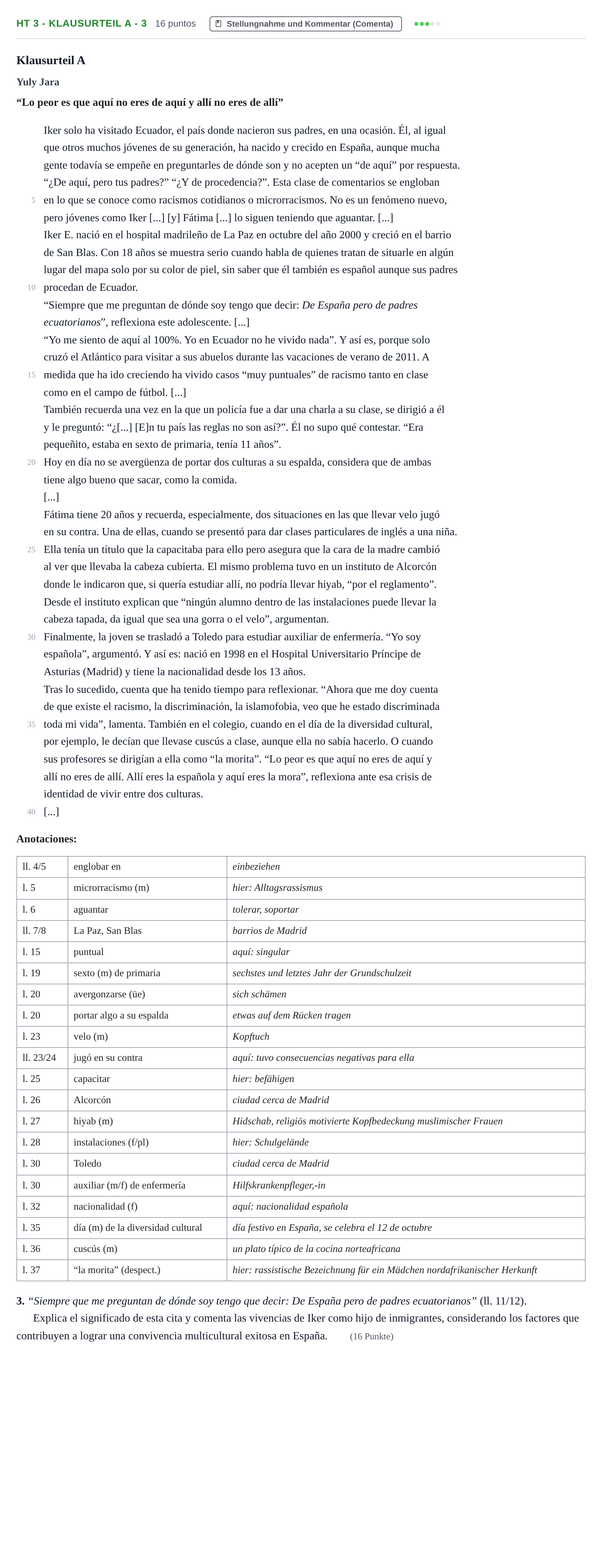 Aufgabenstellung: Aufgabe HT 3 - Klausurteil A - 3 · Abitur NRW Spanisch GK · Haupttermin · neu einsetzend 2022