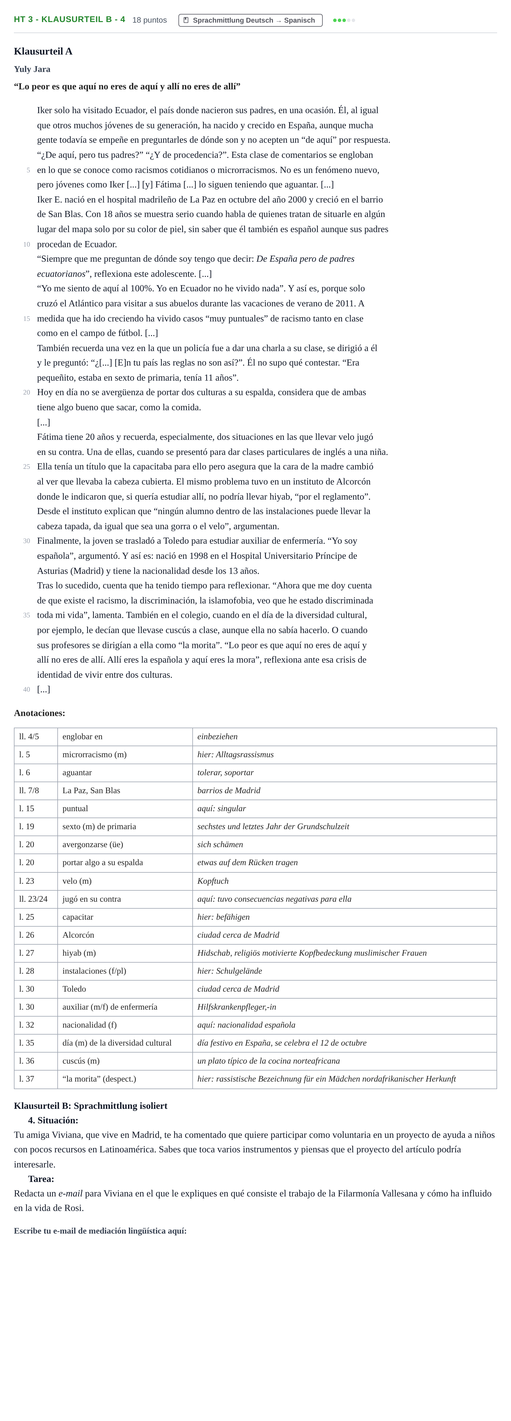 Aufgabenstellung: Aufgabe HT 3 - Klausurteil B - 4 · Abitur NRW Spanisch GK · Haupttermin · neu einsetzend 2022