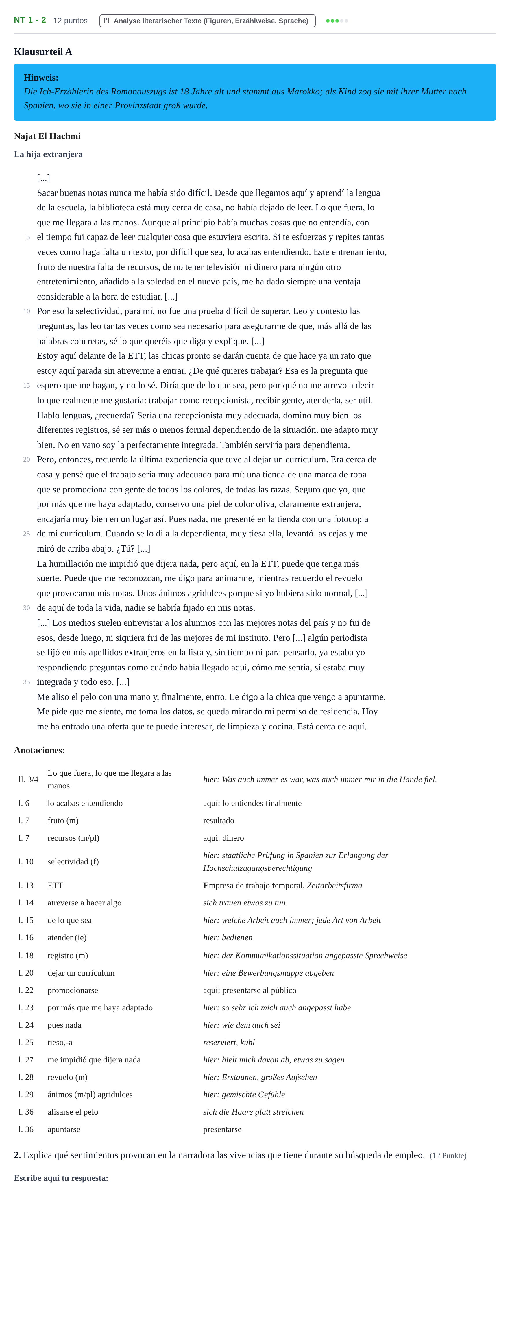 Aufgabenstellung: Aufgabe NT 1 - 2 · Abitur NRW Spanisch GK · Nachtermin · neu einsetzend 2022