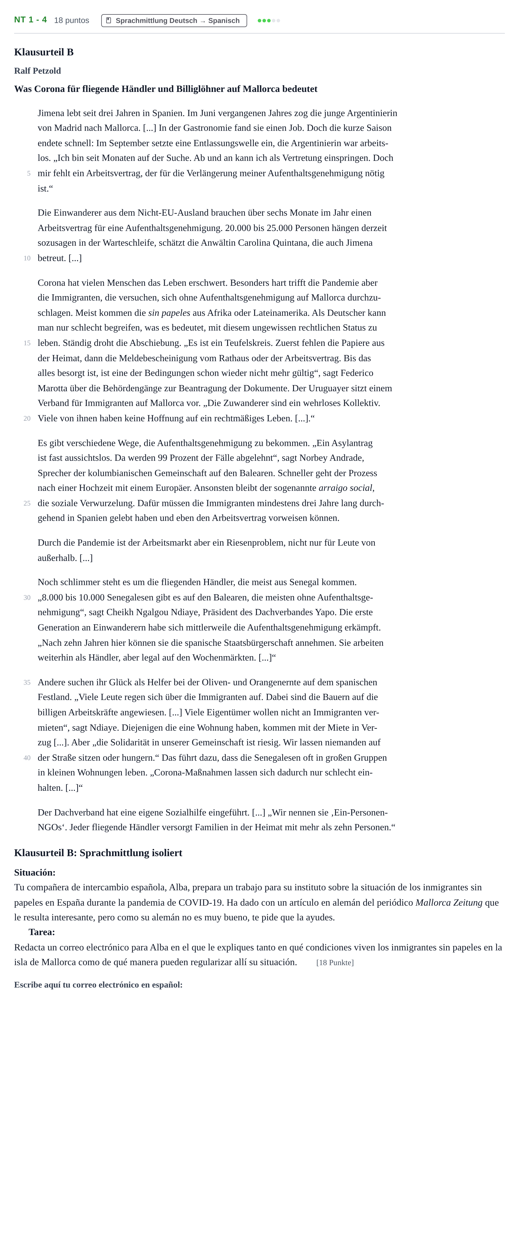 Aufgabenstellung: Aufgabe NT 1 - 4 · Abitur NRW Spanisch GK · Nachtermin · neu einsetzend 2022