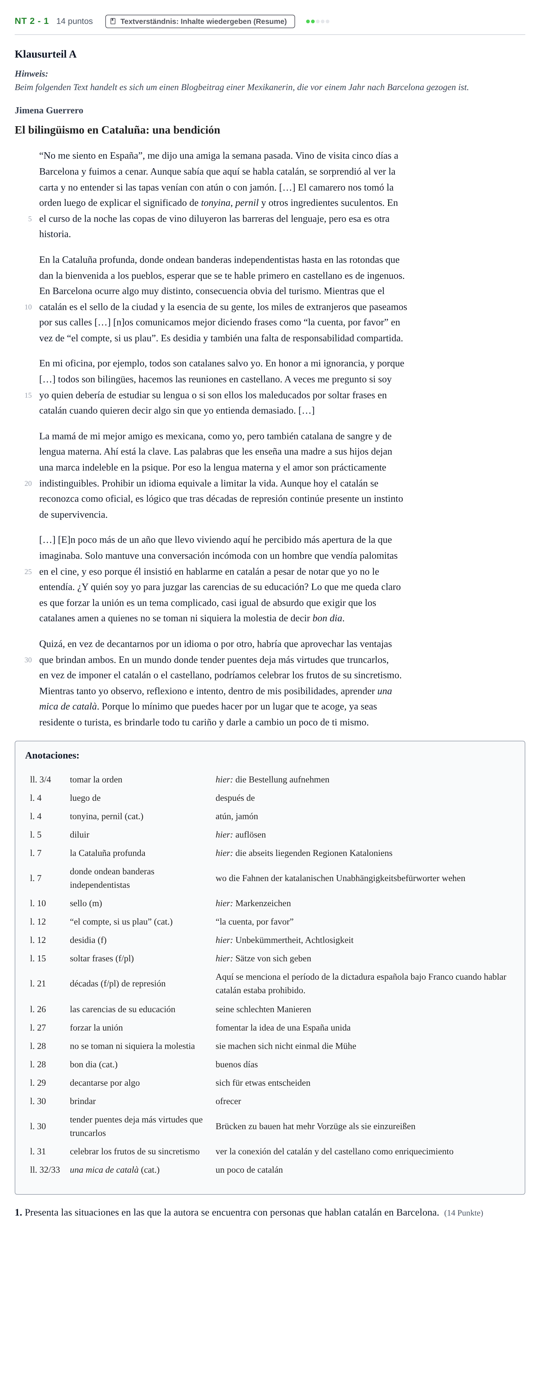 Aufgabenstellung: Aufgabe NT 2 - 1 · Abitur NRW Spanisch GK · Nachtermin · neu einsetzend 2022