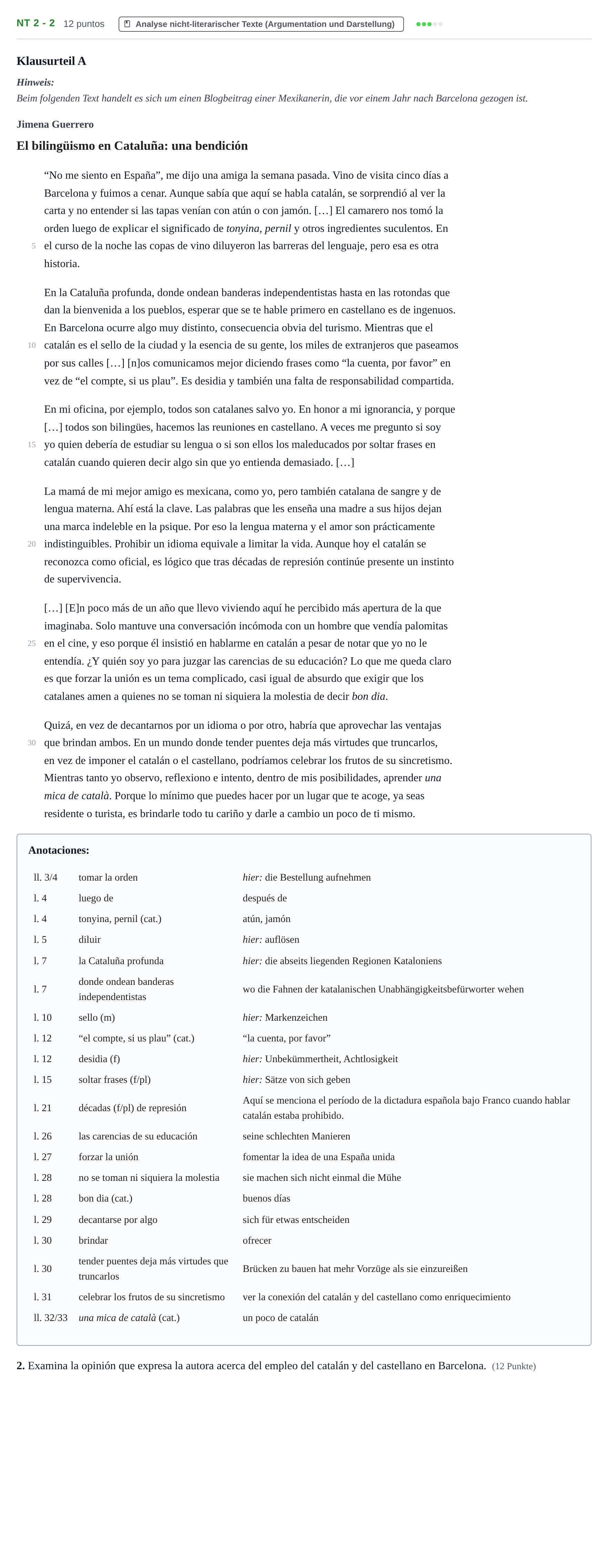 Aufgabenstellung: Aufgabe NT 2 - 2 · Abitur NRW Spanisch GK · Nachtermin · neu einsetzend 2022
