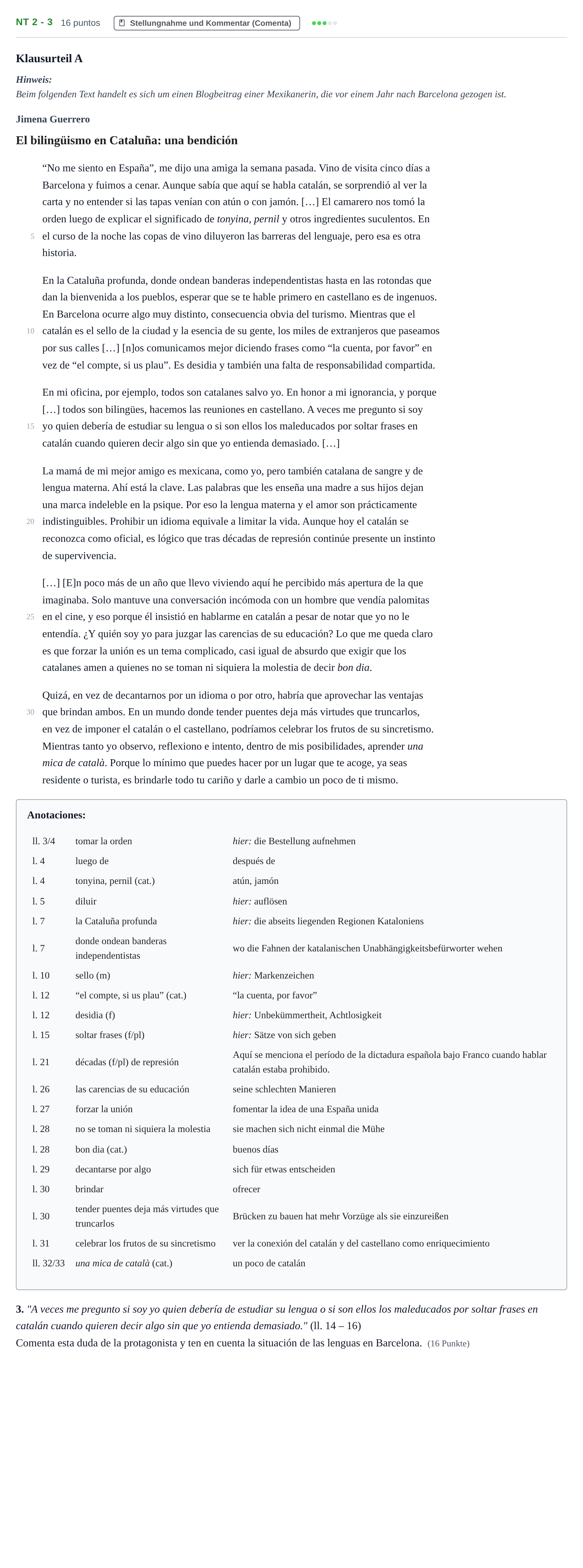Aufgabenstellung: Aufgabe NT 2 - 3 · Abitur NRW Spanisch GK · Nachtermin · neu einsetzend 2022