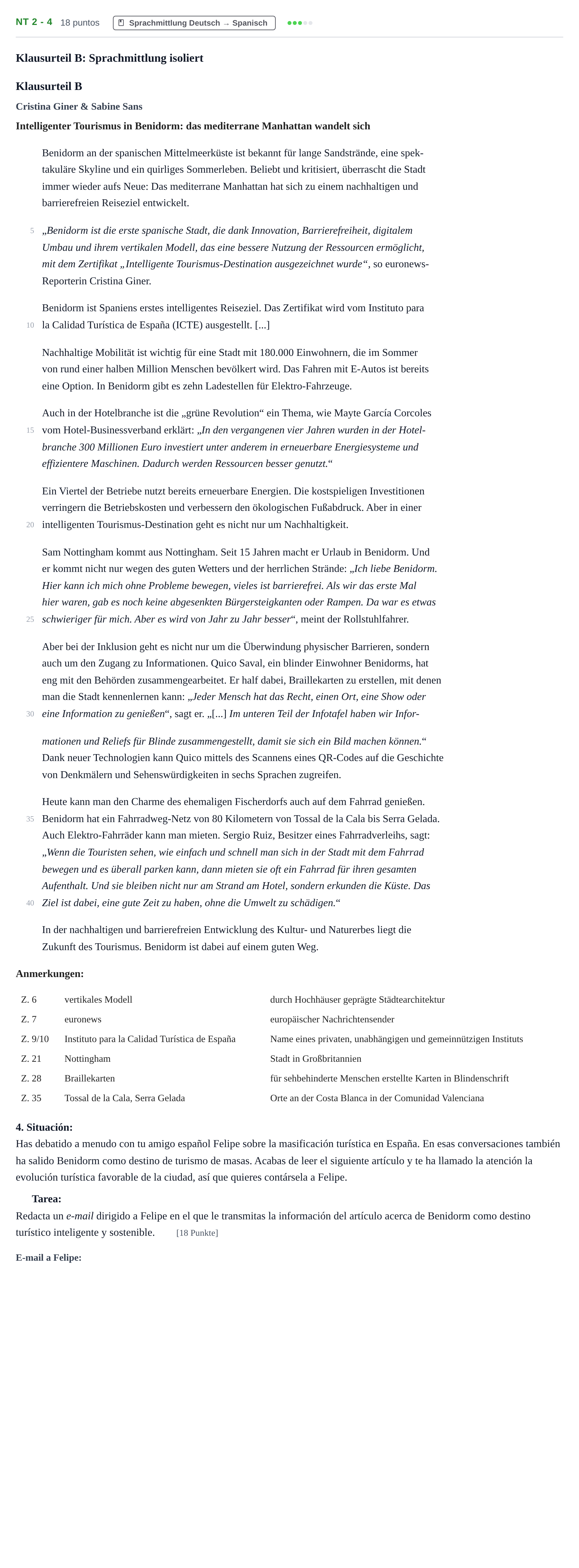 Aufgabenstellung: Aufgabe NT 2 - 4 · Abitur NRW Spanisch GK · Nachtermin · neu einsetzend 2022