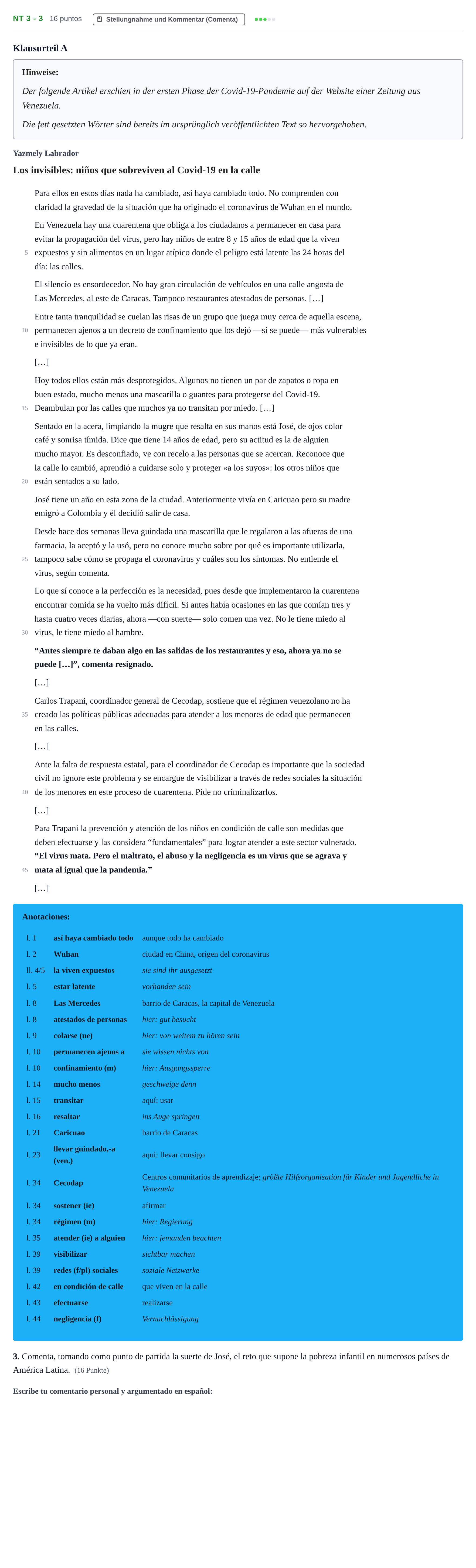 Aufgabenstellung: Aufgabe NT 3 - 3 · Abitur NRW Spanisch GK · Nachtermin · neu einsetzend 2022