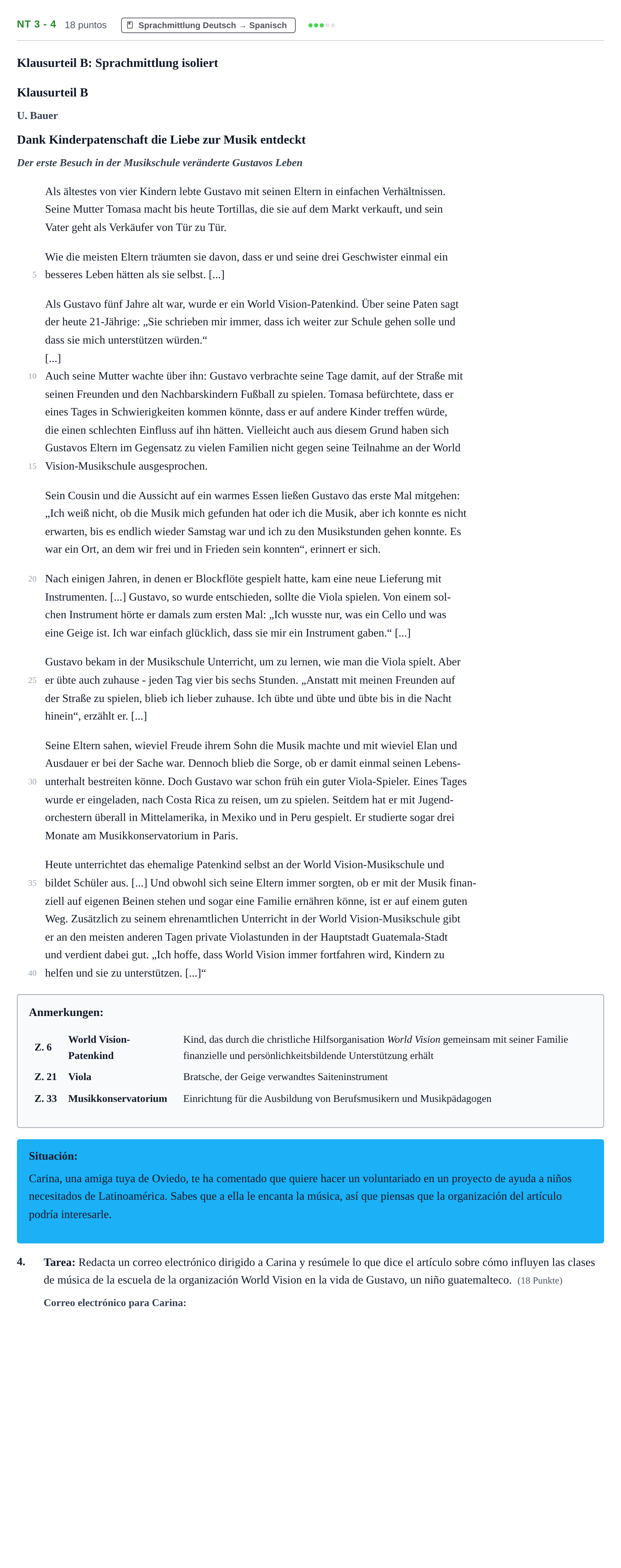Aufgabenstellung: Aufgabe NT 3 - 4 · Abitur NRW Spanisch GK · Nachtermin · neu einsetzend 2022