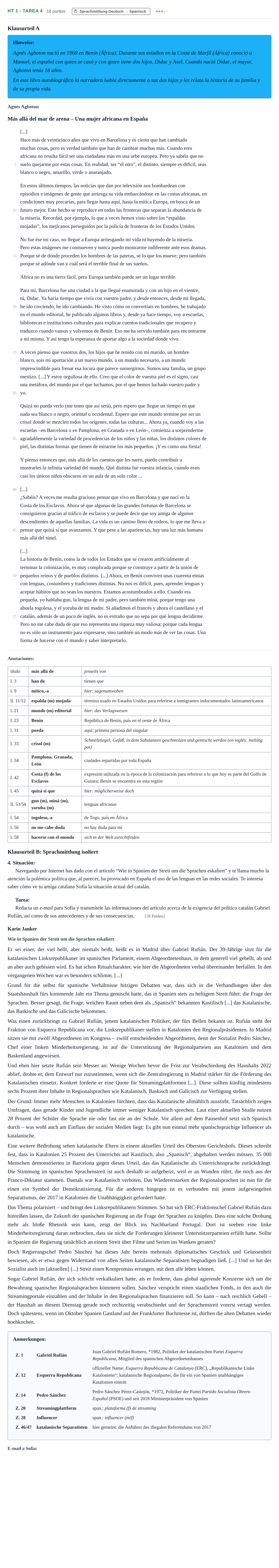 Aufgabenstellung: Aufgabe HT 1 - Tarea 4 · Abitur NRW Spanisch GK · Haupttermin · fortgeführt 2023
