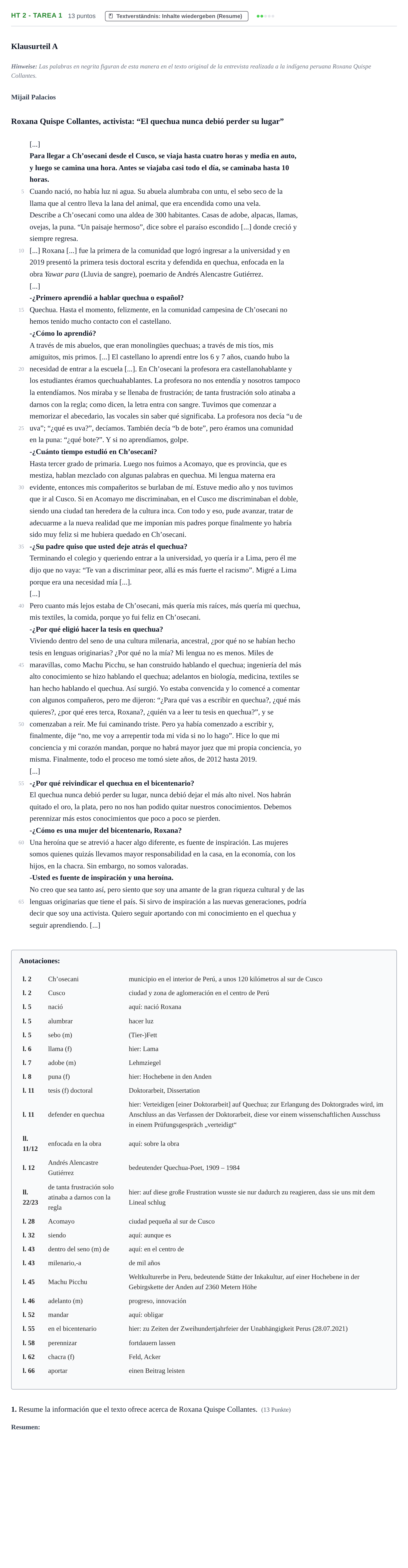 Aufgabenstellung: Aufgabe HT 2 - Tarea 1 · Abitur NRW Spanisch GK · Haupttermin · fortgeführt 2023