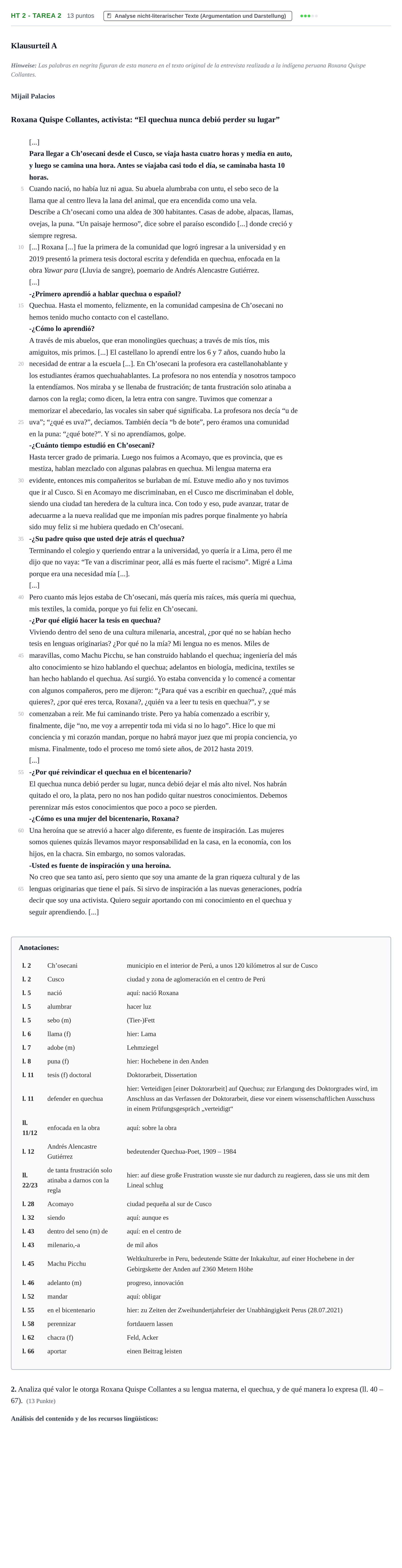 Aufgabenstellung: Aufgabe HT 2 - Tarea 2 · Abitur NRW Spanisch GK · Haupttermin · fortgeführt 2023