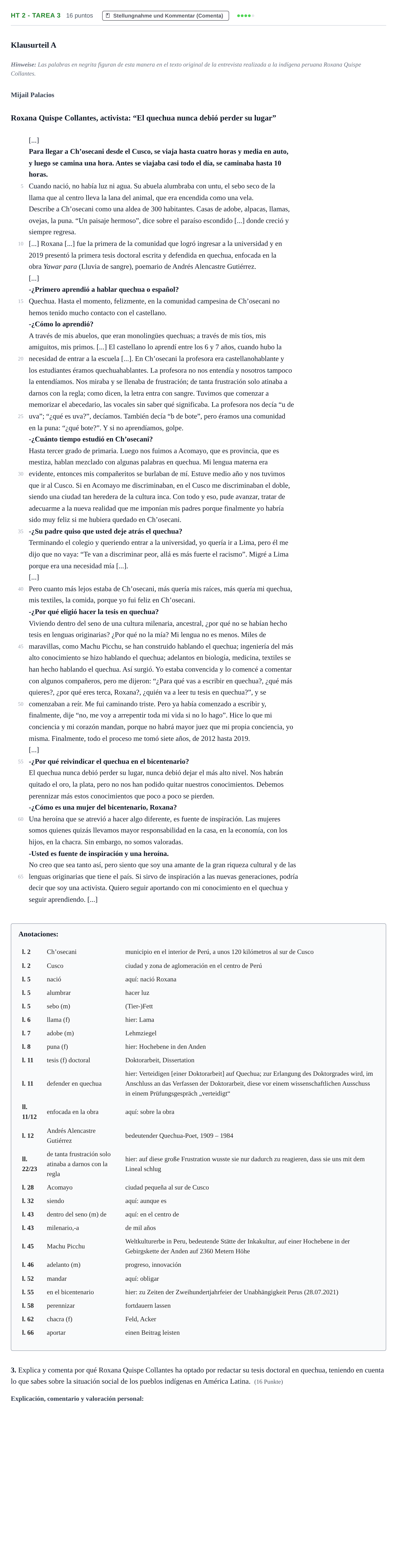 Aufgabenstellung: Aufgabe HT 2 - Tarea 3 · Abitur NRW Spanisch GK · Haupttermin · fortgeführt 2023